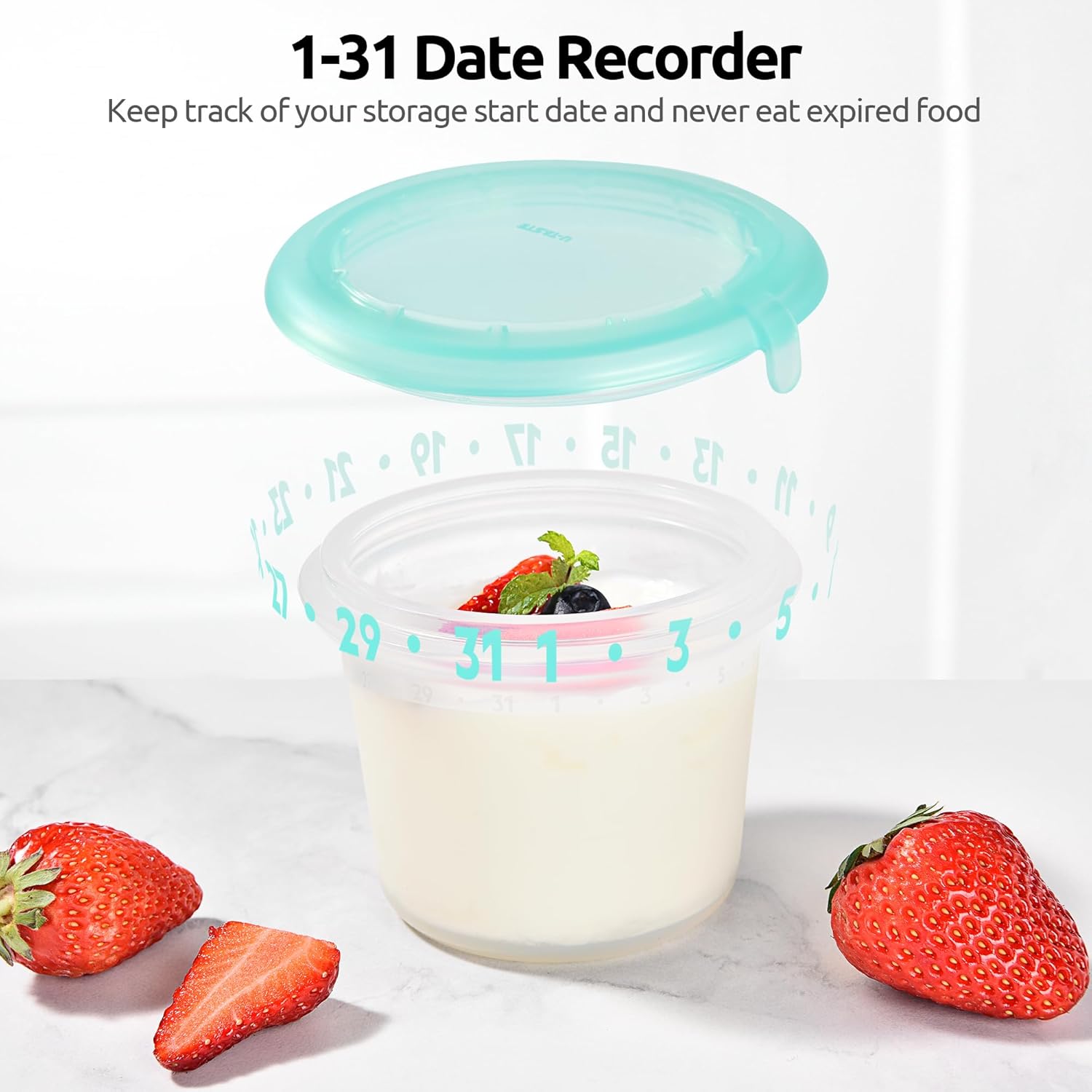 U-Taste 1 Cup Silicone Food Container: Small Kitchen Storage with Airtight Lid, Freezer & Microwave Safe, Fruit Box with Date Marking Circle, Clear Stackable for Meal Prep Portion (Set of 2, Aqua Sky)