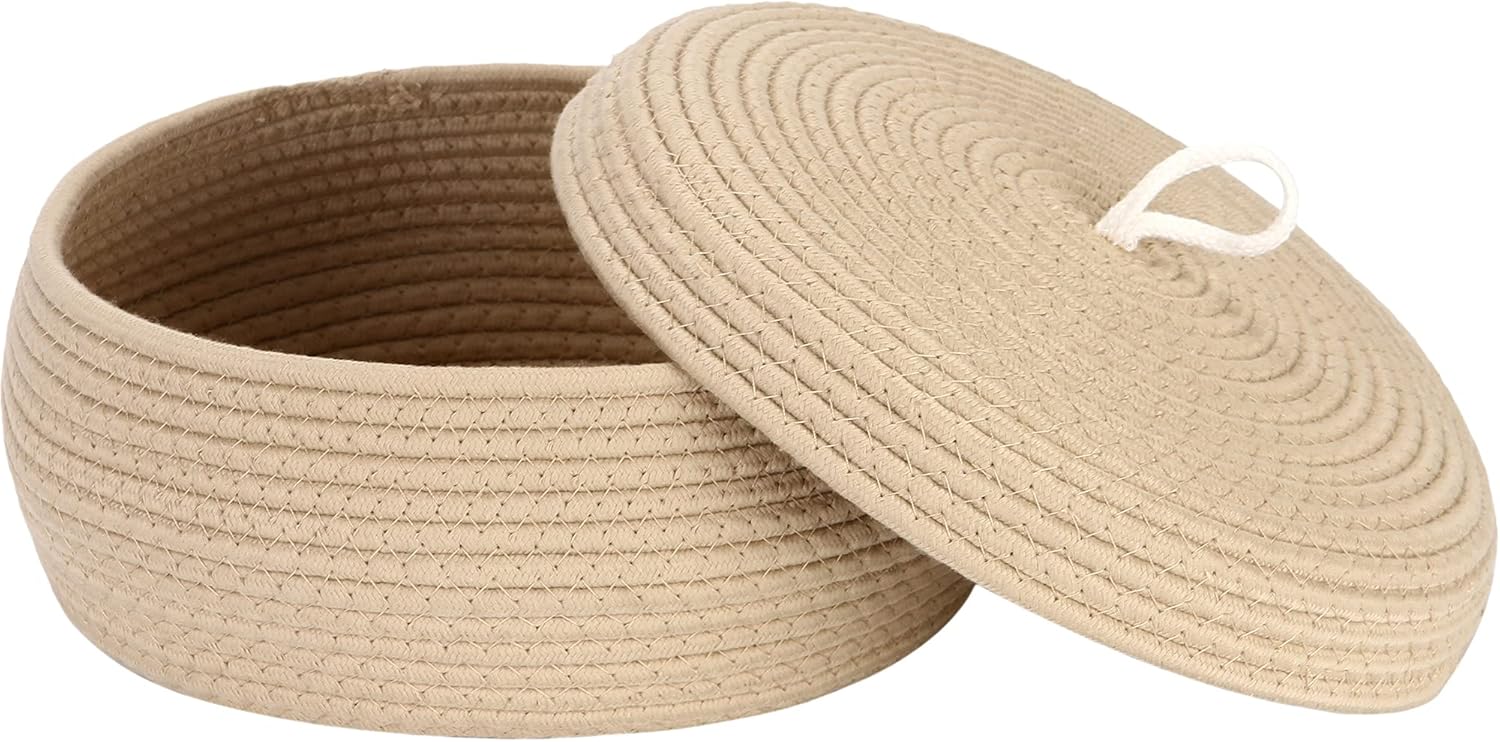 Sea Team Round Cotton Rope Storage Basket with Lid, Decorative Woven Storage Bin, Pot, Caddy, Organizer, Container for Snacks, Towels, Plants, 13 x 5.5 Inches (Large, Shallow, Khaki)
