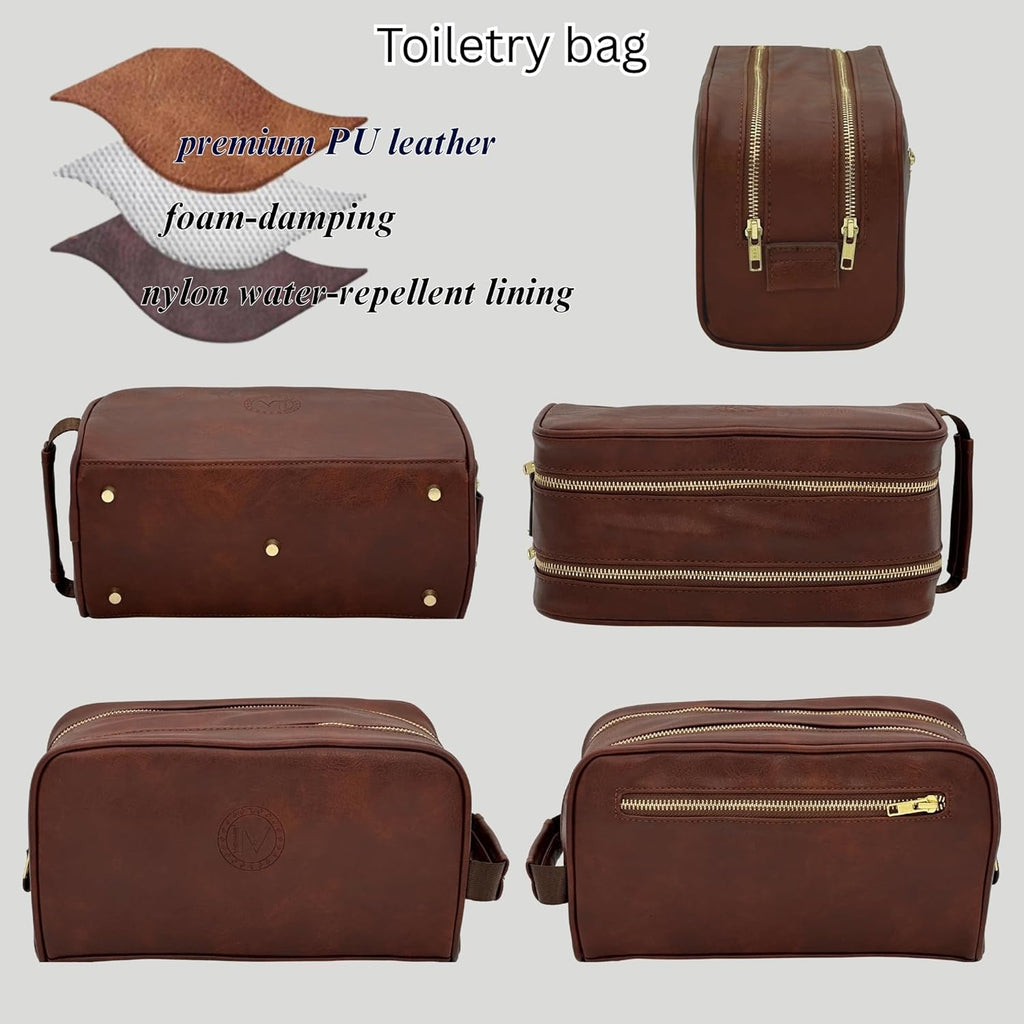 Dopp Gift Large Travel Toiletry Bag Premium Quality PU Leather Two compartments YKK Zippers Water-resistant Bottom Studs Mesh Pockets Durable Cosmetic Organizer DARK BROWN