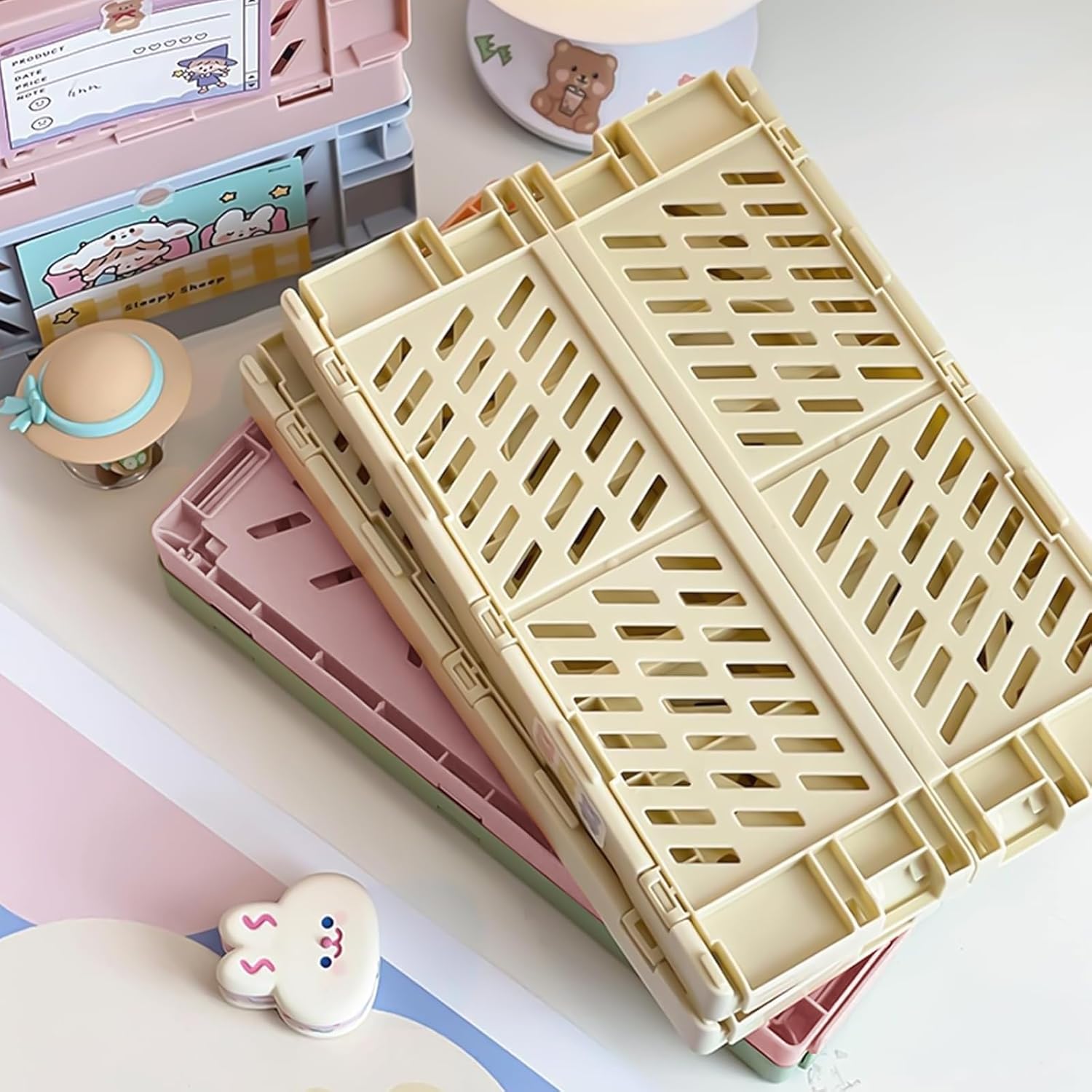 Small Pastel Plastic Storage Bins 2Pcs Foldable Pastel Crates Plastic Basket Colorful Storage Containers Baskets for Classroom Kitchen Office Bedroom Desktop Home Decor (Yellow 9.8" x 6.5" x 3.8")