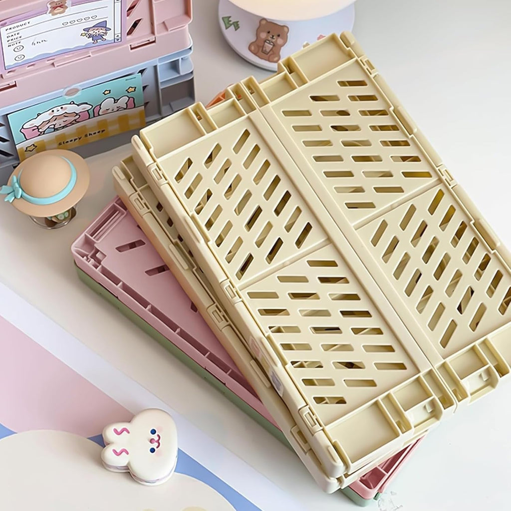 Small Pastel Plastic Storage Bins 2Pcs Foldable Pastel Crates Plastic Basket Colorful Storage Containers Baskets for Classroom Kitchen Office Bedroom Desktop Home Decor (White 9.8" x 6.5" x 3.8")