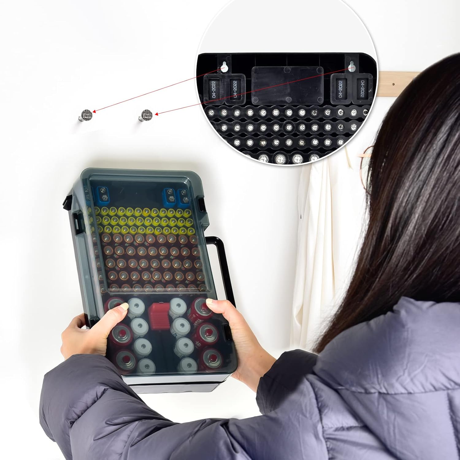 Battery Organizer Storage Case with Tester Checker. Batteries Holder Box Container for 120+ AA AAA 9V C D Lithium CR2025 CR1632 CR2032 Coin Cell Battery with Wall-Mounted Design -Black