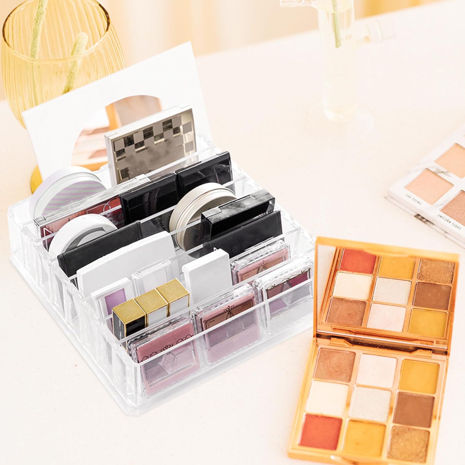 BESPORTBLE Cosmetics Palettes Storage Box with Compartments Makeup Organizer Stand for Eyeshadow Palettes Blush Lipstick Holder and Stylish Makeup Case for Vanity Counter