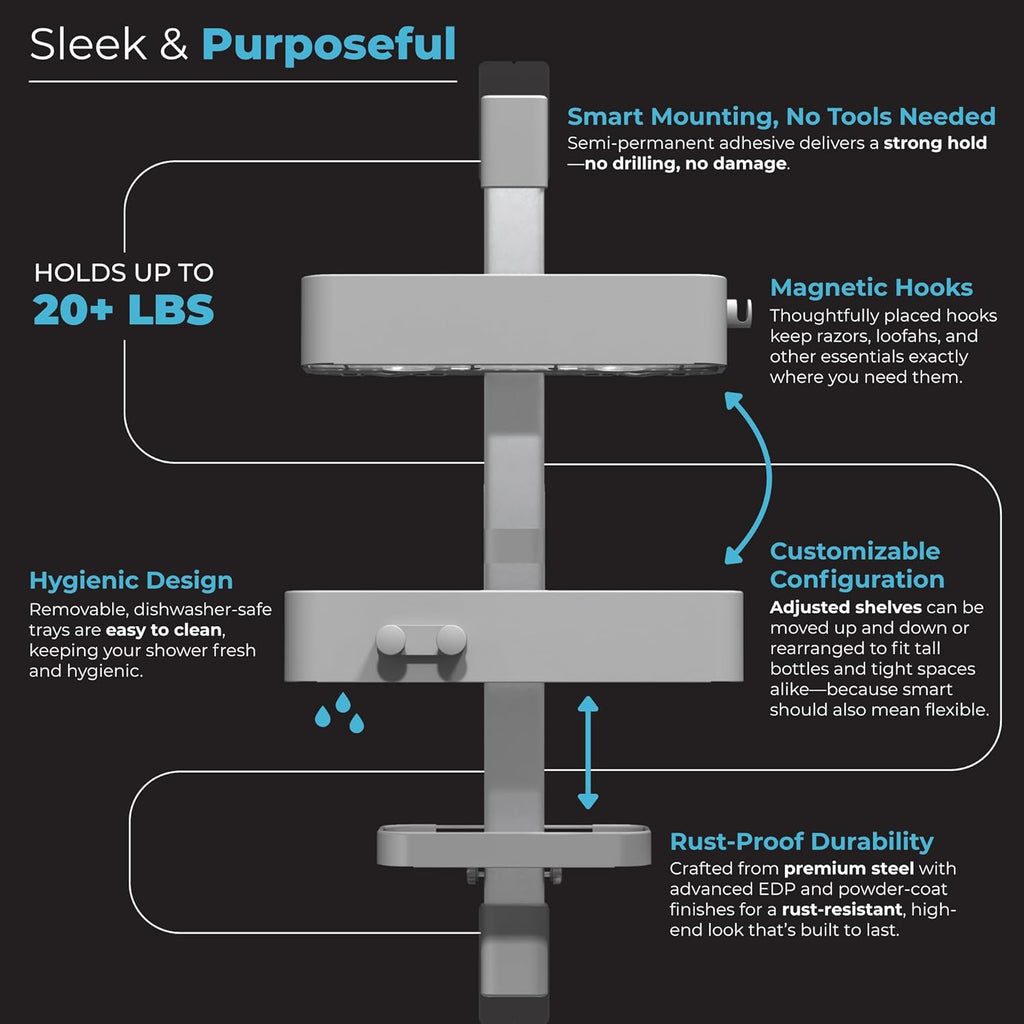 Rust Resistant Hygienic Shower Caddy – Hanging Bathroom Organizer with Adjustable Shelves, Easy Clean Trays & Magnetic Hooks for DIY Remodels & Shower Niches - Graphite