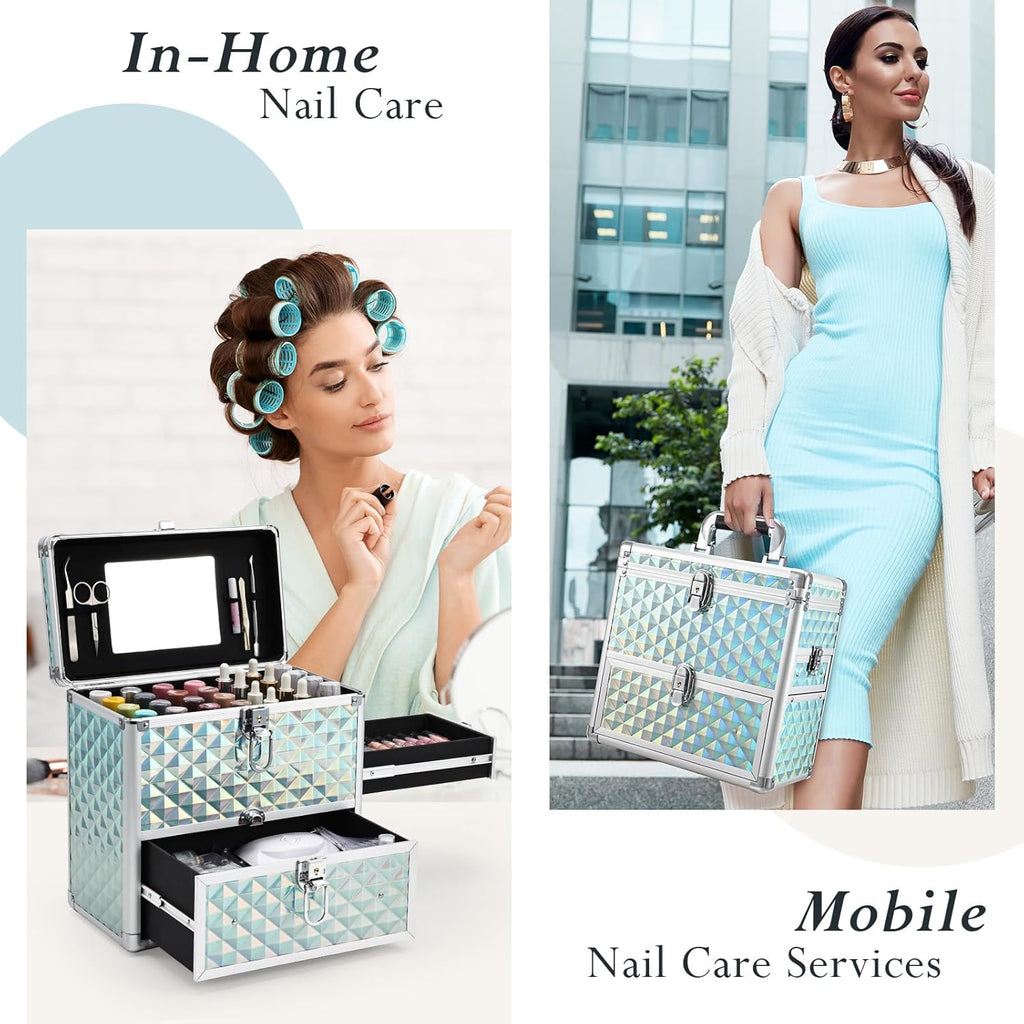 FRENESSA Extra Large Makeup Organizer Case Cosmetic Box Storage with Drawer Mirror Nail Manicure Accessory Organizer With Dividers Travel Nail Art Case for Makeup Artist Nail Tech Case Watery Blue