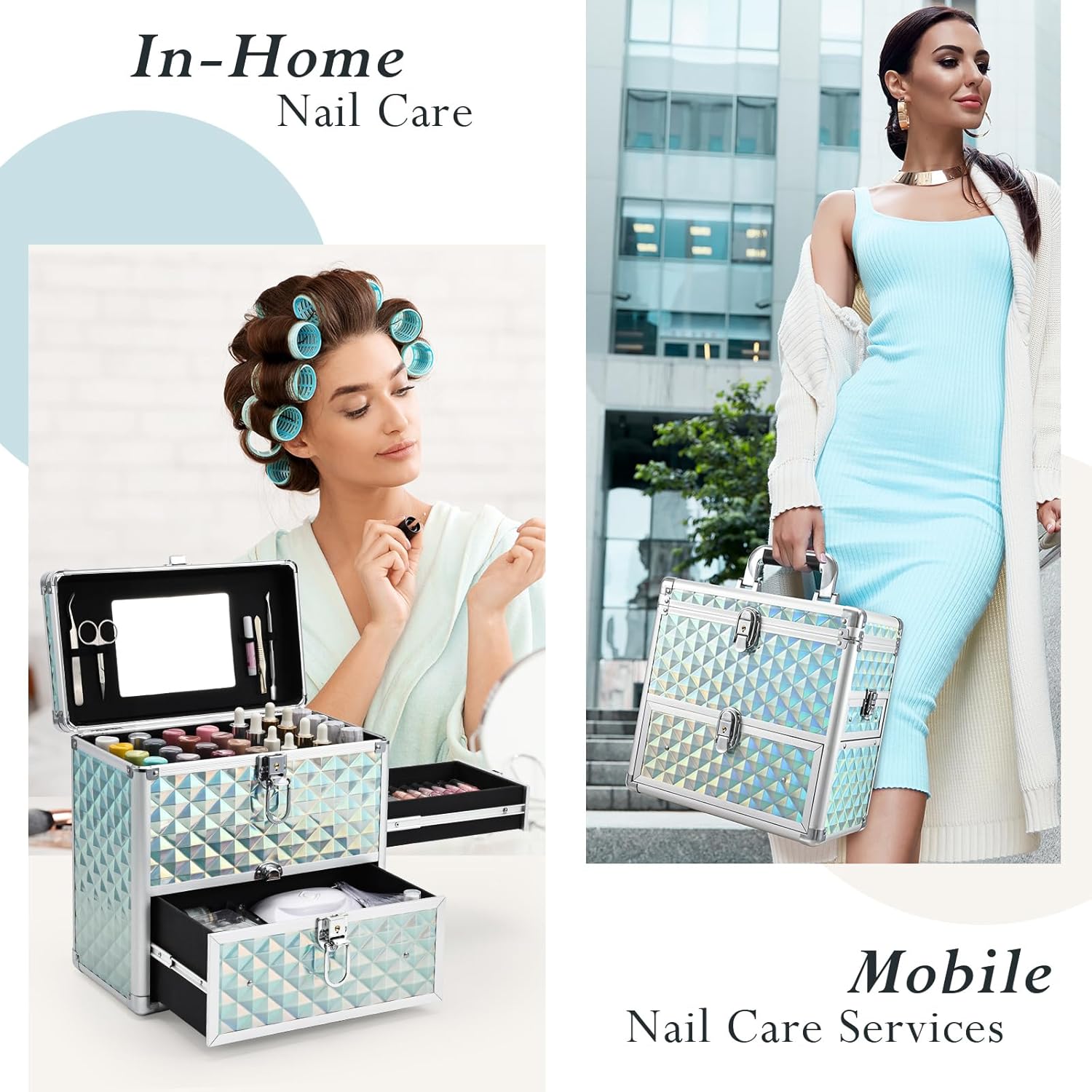 FRENESSA Extra Large Makeup Organizer Case Cosmetic Box Storage with Drawer Mirror Nail Manicure Accessory Organizer With Dividers Travel Nail Art Case for Makeup Artist Nail Tech Case Watery Blue