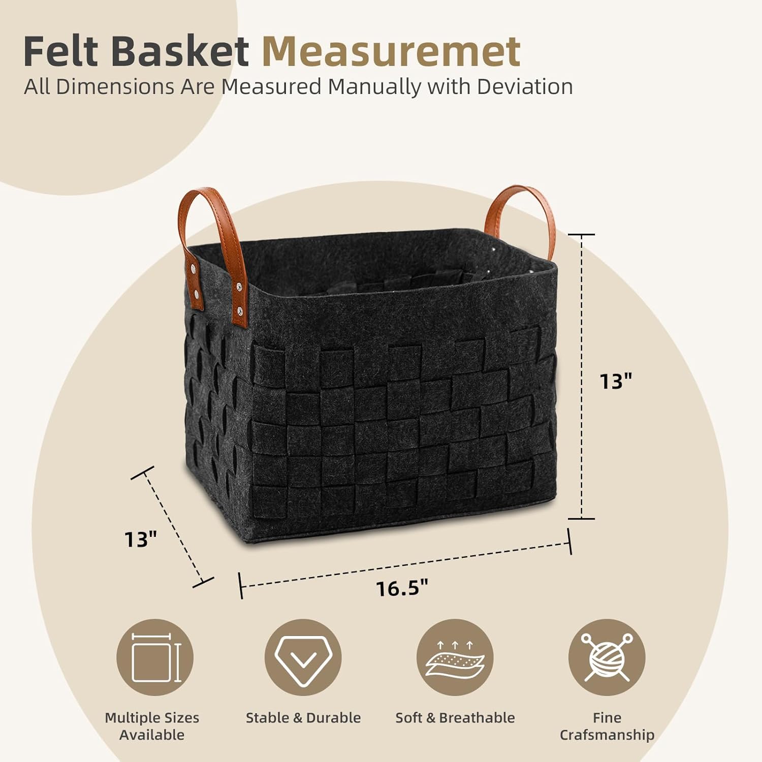 boldmonkey Laundry Basket 16.5 " x13 x13 , Large Rectangular Blanket Basket with Leather Handle, Felt Storage Basket for Living Room, Nursery, Dog Toys-Dark Gray