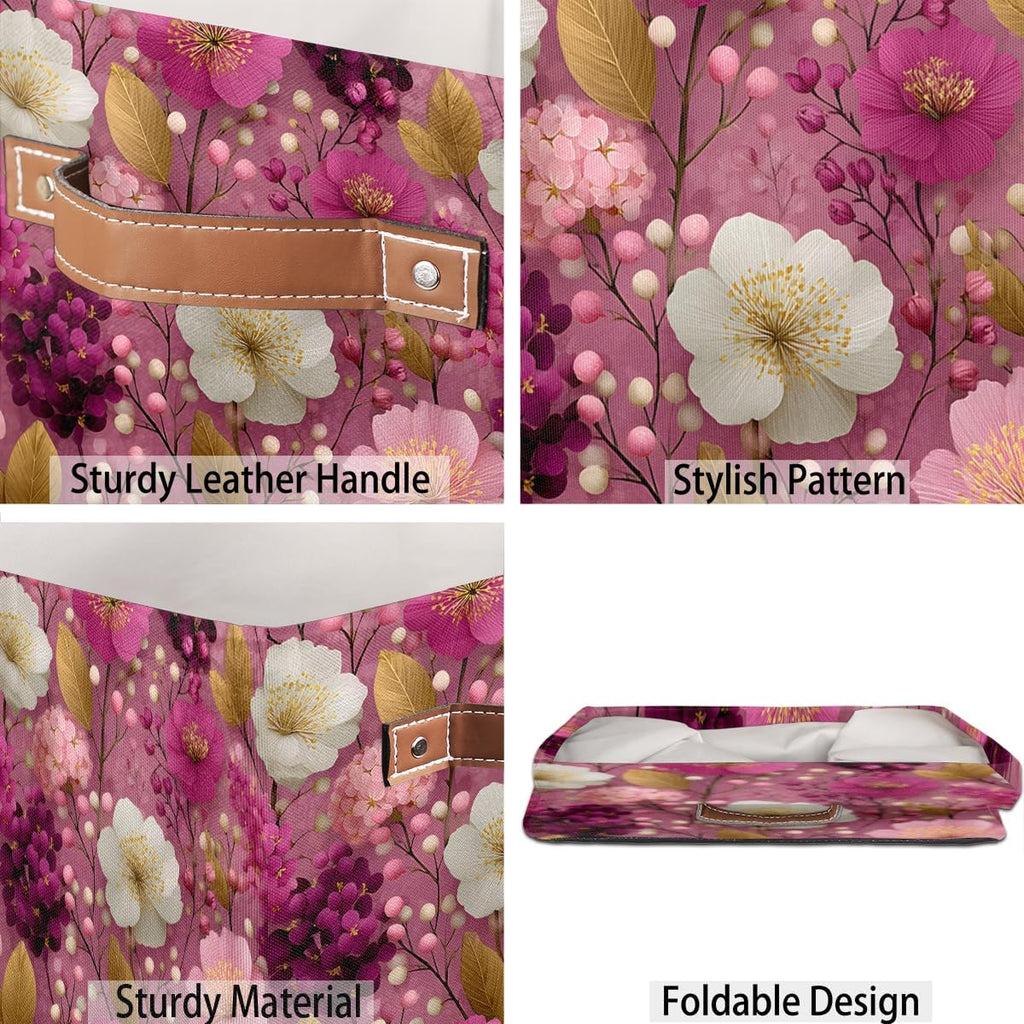 TropicalLife 13x13x13 Inch Large Fabric Storage Cube Pink Floral Print Foldable Storage Bin with Handles Organizer Boxes Cube Basket for Shelves Organizing Closet