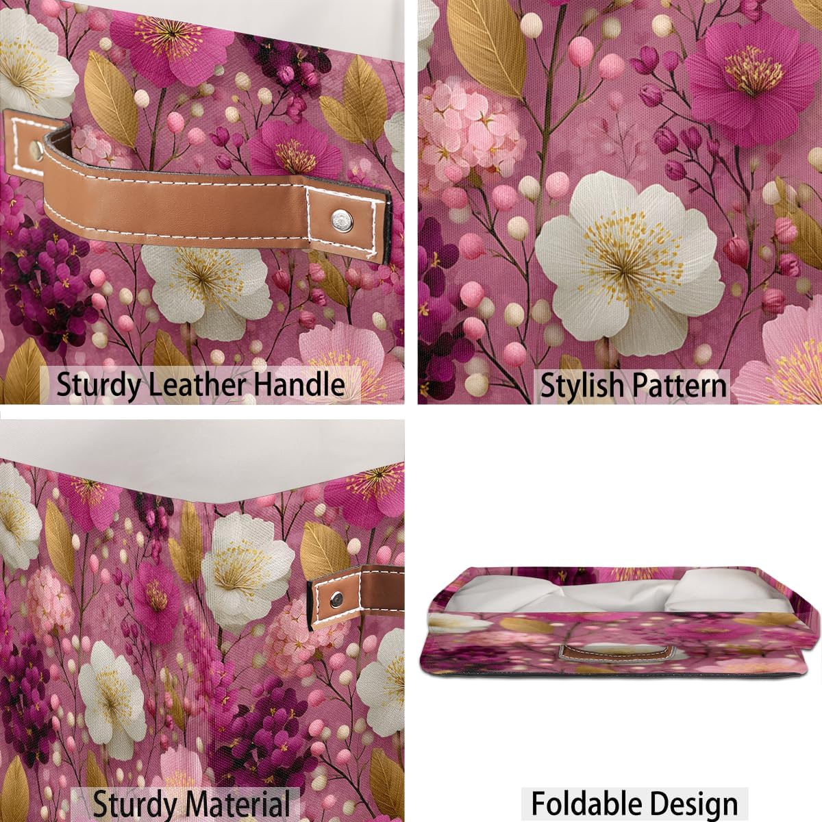 TropicalLife 13x13x13 Inch Large Fabric Storage Cube Pink Floral Print Foldable Storage Bin with Handles Organizer Boxes Cube Basket for Shelves Organizing Closet