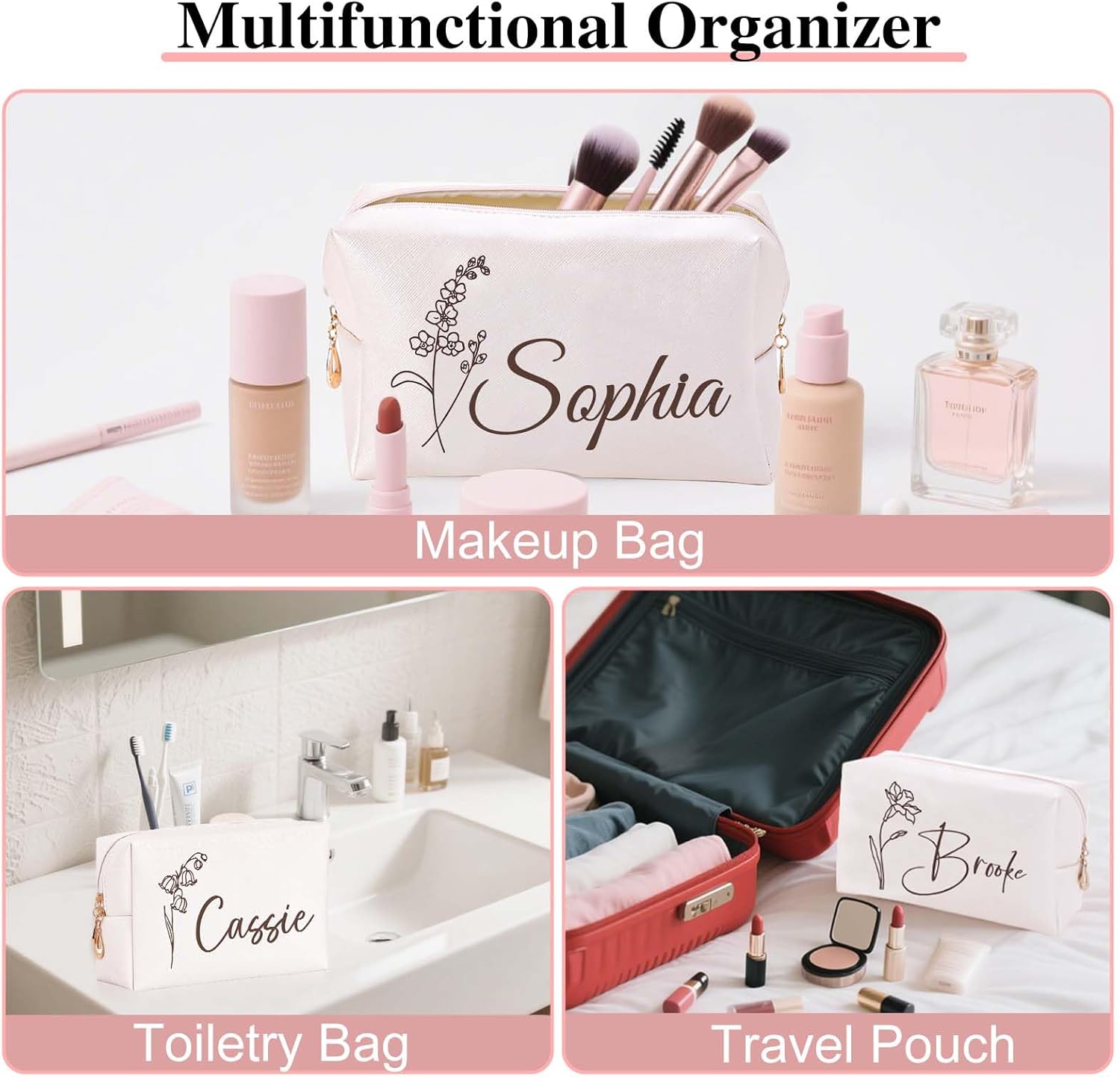 Personalized Makeup Bag with Name & Birth Flower, Custom Leather Cosmetic Bags for Women, Customized Travel Toiletry Bag Gifts for Bridesmaid Wedding