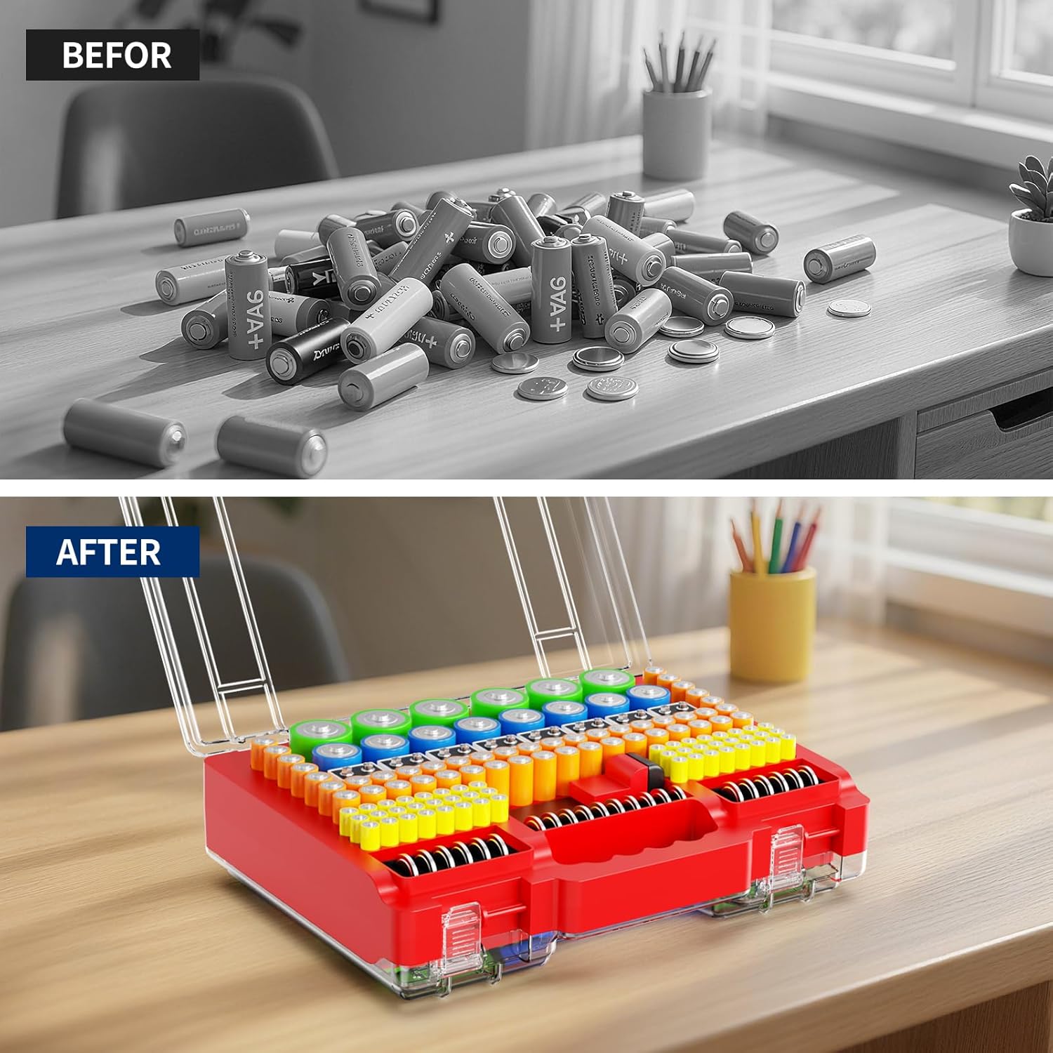 Battery Organizer Storage Holder Box Case with Tester, Stores & Protects Up to 260 Batteries, Double-Clear Locking Lid, Holds AA AAA C D and More (Not Includes Battery Pack) - Red