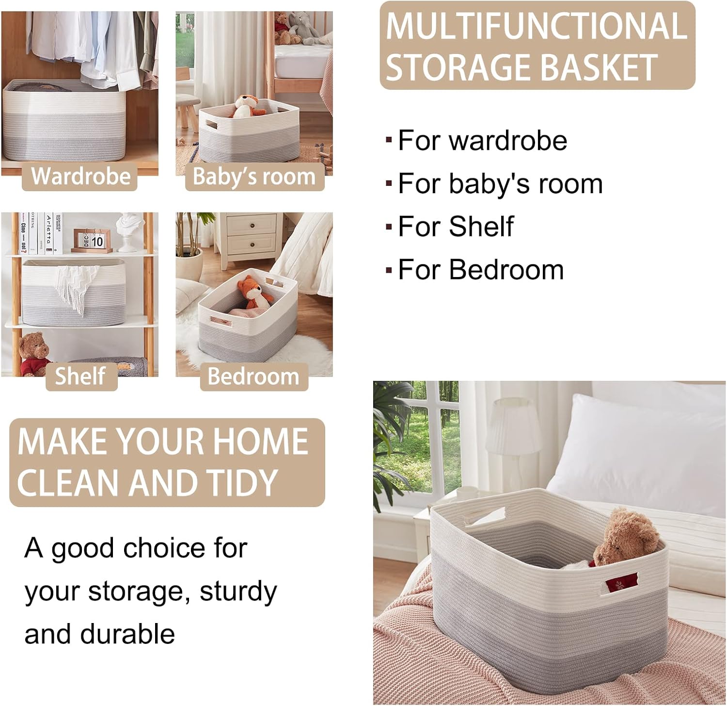 OIAHOMY Large Blanket Basket, 22”x17”x12” Rectangle Woven Baskets, Nursery Blanket Storage Living Room, Toy Storage With Handle, Large Baskets for Organizing-Gradient Grey