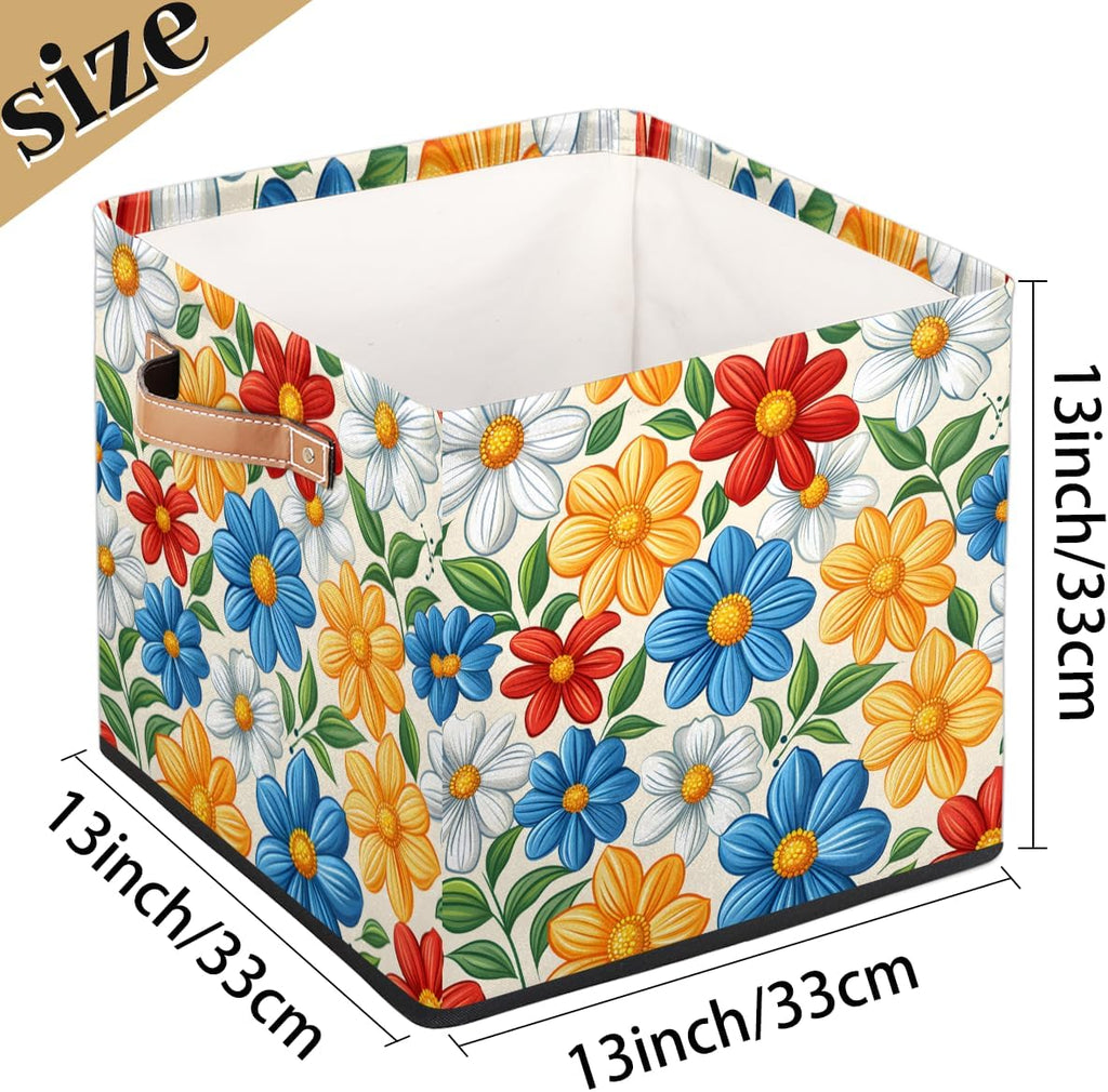 TropicalLife 13x13x13 Inch Large Fabric Storage Cube Boho Flower Foldable Storage Bin with Handles Organizer Boxes Cube Basket for Shelves Organizing Closet
