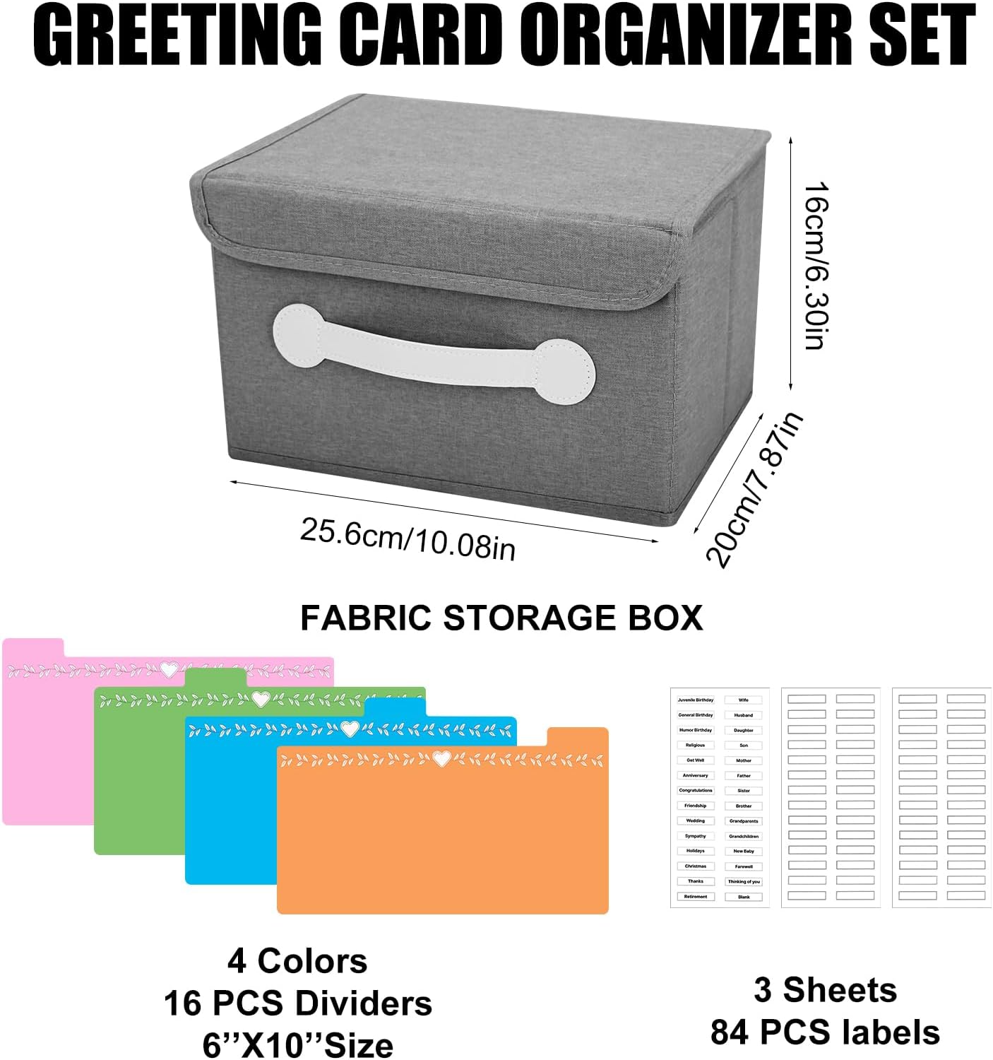 Greeting Card Organizer Box with 16 Dividers,Collapsible Greeting Card Storage Box With Lids，Ideal for Greeting Cards,Recipes, Photos, Envelopes, Keepsake（Grey，84 Pcs Labels）