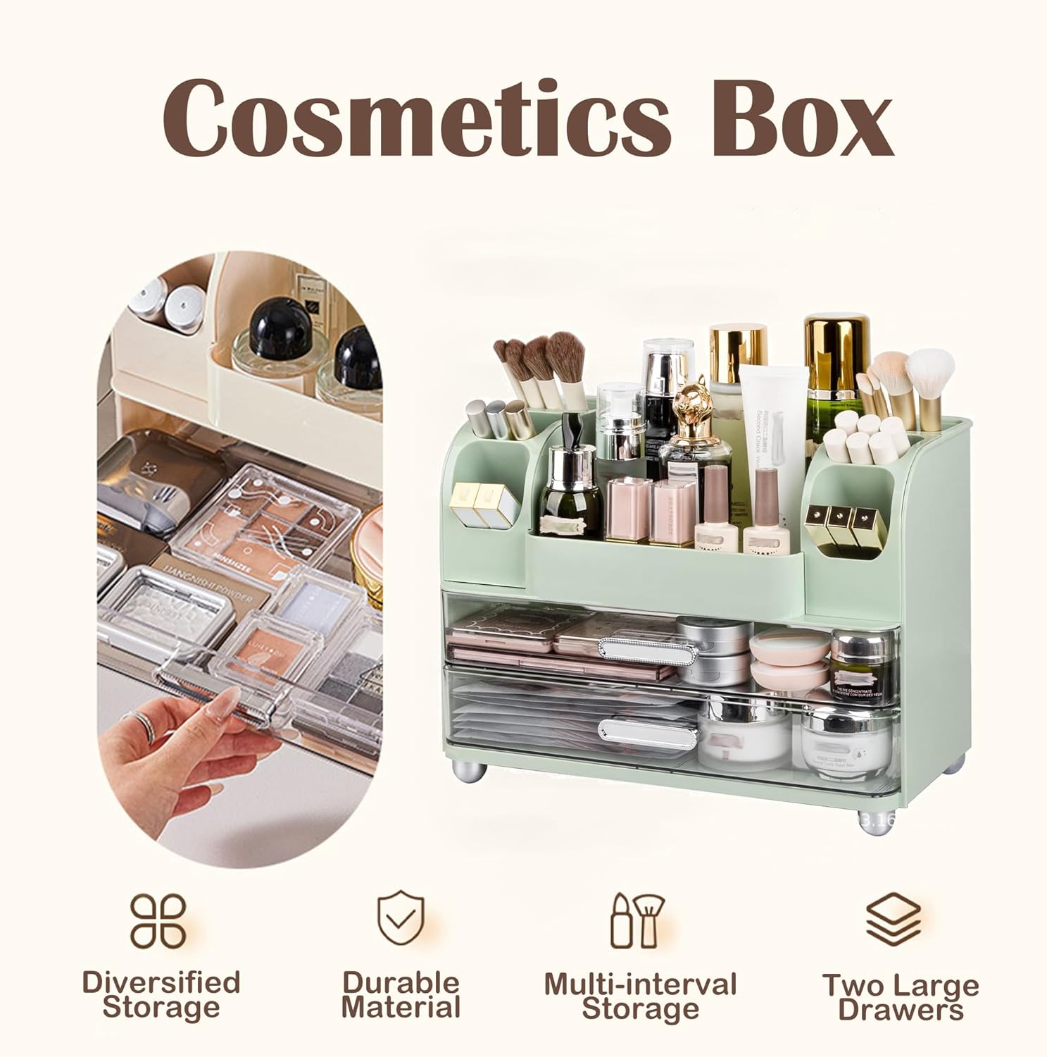 Large Makeup Organizers Countertop for Vanity, Bathroom Make Up Storage with Brush Holder, Cosmetic Display Case with 2 Drawers for Skincare,Lipstick (Green)