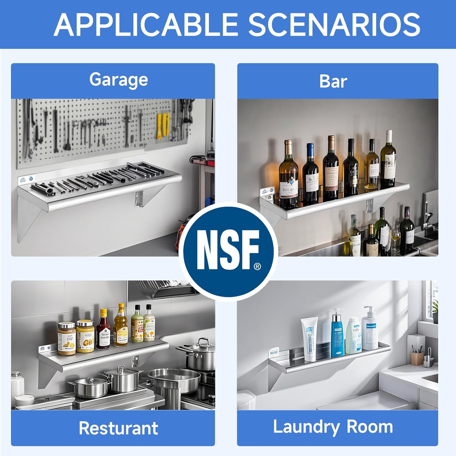 ROCKPOINT Stainless Steel Shelf 10 x 48 Inches 280lb, 2 Pack NSF Metal Commercial Shelves Wall Mount Floating Shelving with Backsplash for Restaurant, Kitchen, Home and Hotel, Silver