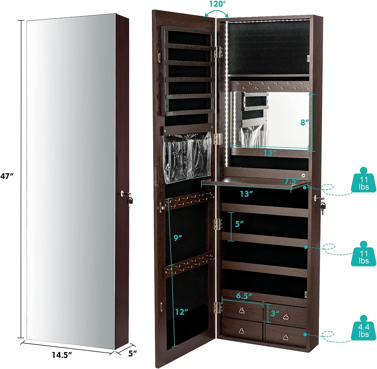 CHARMAID LED Strip Jewelry Armoire with 47.2" H Full Length Mirror, Wall Door Mounted Jewelry Organizer Cabinet with Built-in Mirror, Flip-over Cosmetic Tray, 4 Drawers (Coffee)