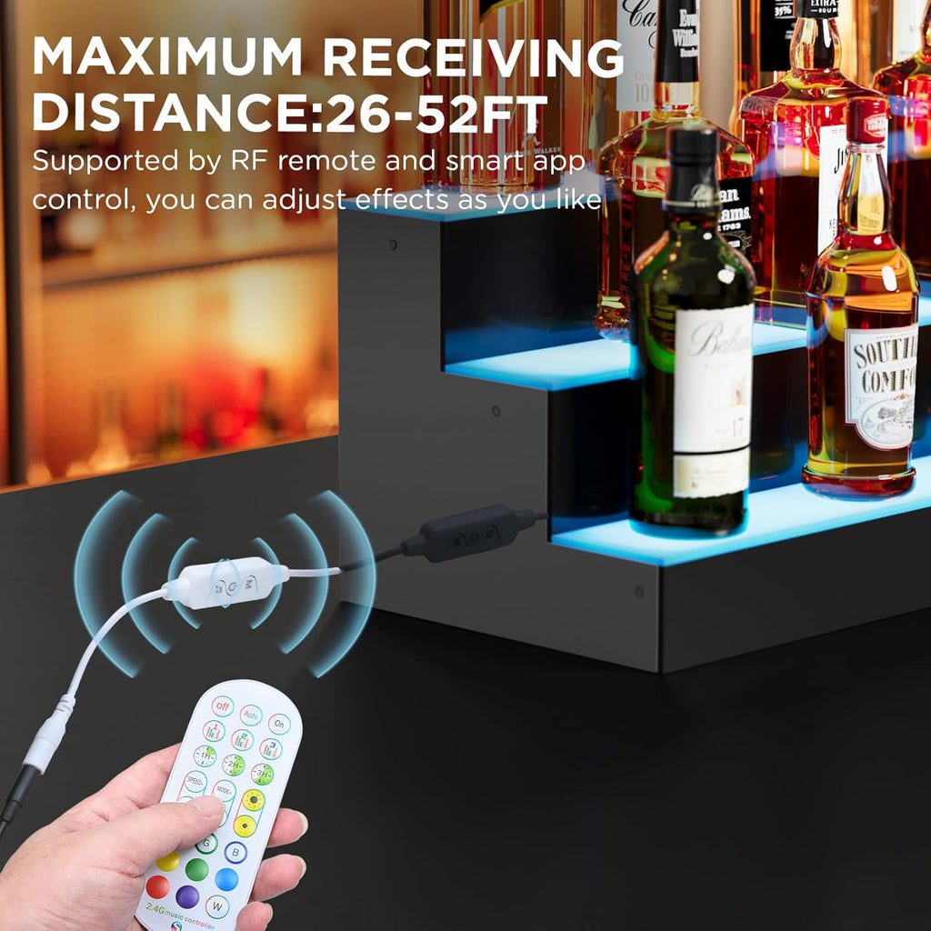 Dethan 2 Tier 48 Inch LED Lighted Liquor Bottle Display Shelf - Illuminated Wine Racks with Multi-Color App & Remote Control, Adjustable Brightness & Sound Modes, Acrylic Bar Shelves for Club Displays