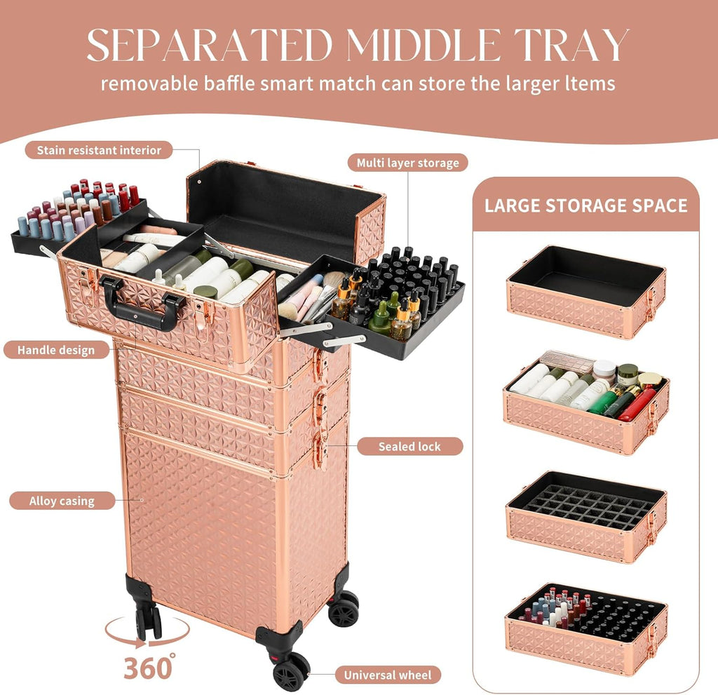 Leeora&Leekoo Portable Multi-Storey Nail Case for Nail Tech Organizer - Wheels Makeup Case Organizer, Cosmetic Case, Makeup Train Case, Make Up Case (rose gold)
