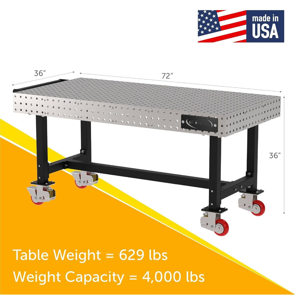 (CTE) Classroom Welding & Fixture Table, 36" H x 72" L x 36" D, 1/4" Carbon Steel Top, Mobile, Casters, Handle, Black Powdercoat Legs, Made in The USA