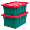HOMZ 2-Pack Durabilt, Heavy Duty Plastic Storage Bins with Lids, 15 Gallon, Green/Red - Stackable Container Boxes for Holiday, Attic, and Garage Organization