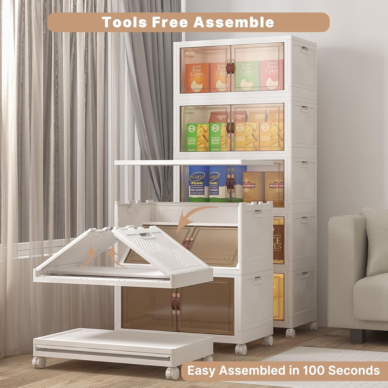 Extra Large Stackable Storage Bins with Lids & Wheels, Foldable Collapsible Closet Organizers Storage Cabinet with Doors for Bedroom Dorm (White, 600QT-120QT/30GAL*5Pack)