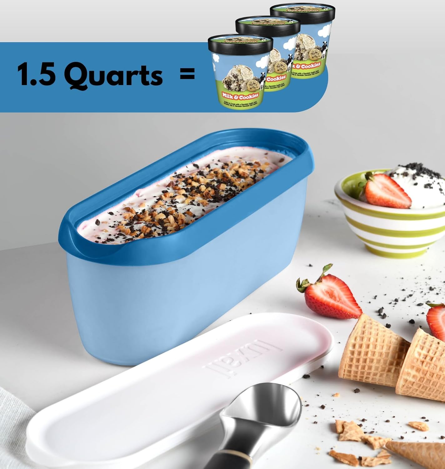 Ice Cream containers for homemade ice cream, Reusable Storage Freezer ice cream Container With Lids,2 Pack, BPA FREE, Non Slip Base, Stackable on Freezer Shelves.