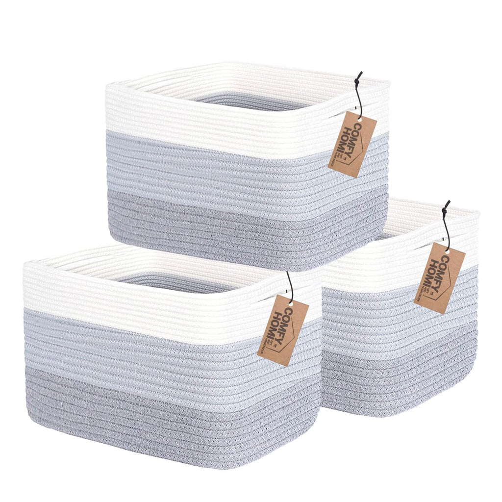 COMFY-HOMI 3PACK Cotton Rope Woven Basket With Handles for Shelves, Toy, Book, Cloth Storage Basket for Organizing|13.5" x 11" x 9.5" Decorative Nursery Cube Bin for Living Room（White / 3-Tone Grey）