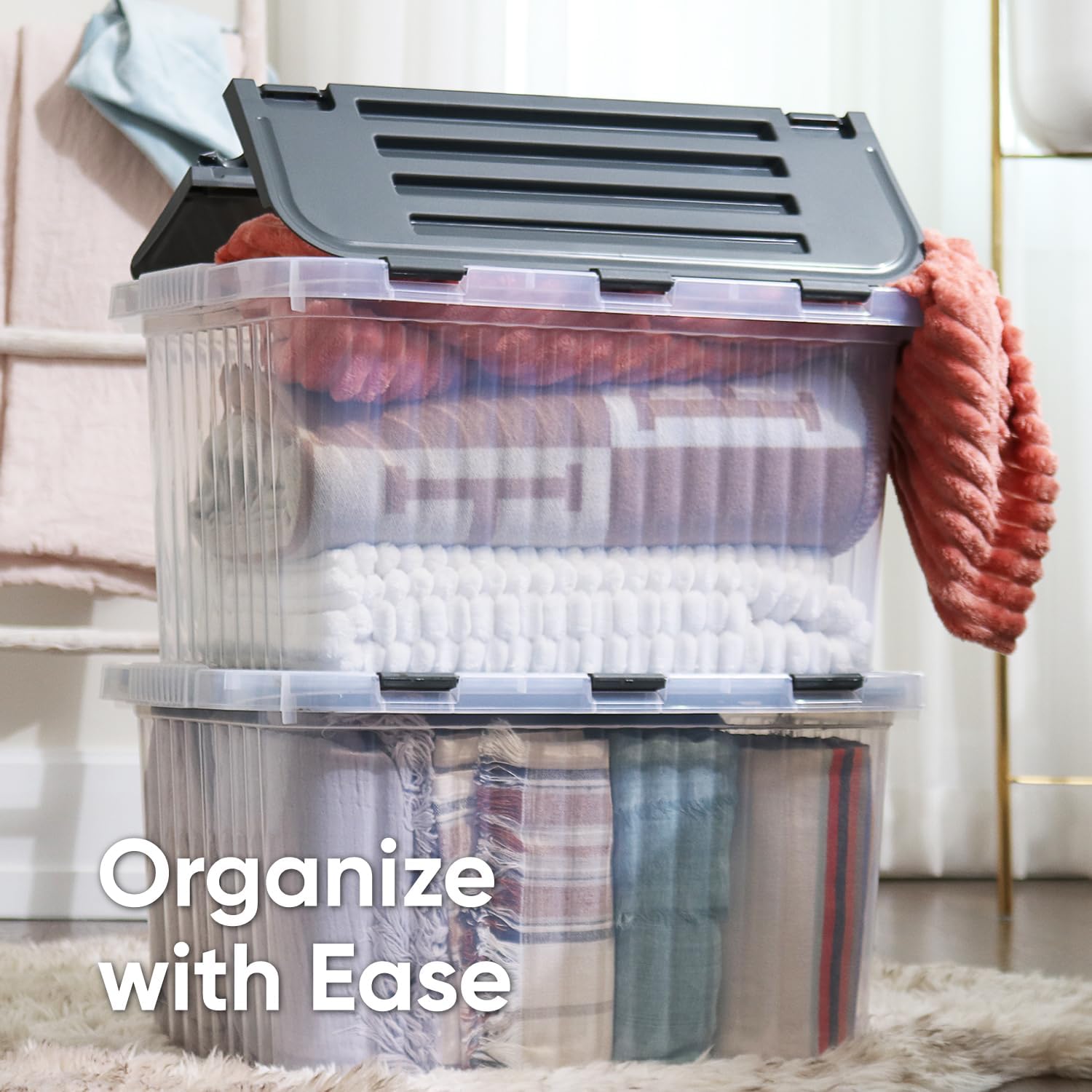 Superio Storage Bins with Lids, Clear Plastic Containers for Organizing, Stackable Totes, BPA Free, Odor Free, Organizer Boxes for Home, and Dorm, 53 Quart (2 Pack, 20.25"x14"x14.6")