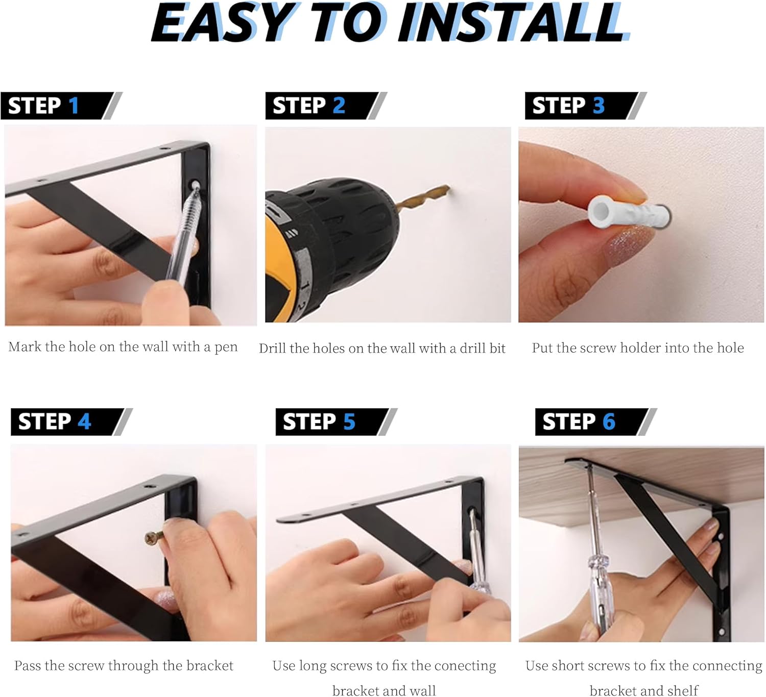 10 Pack L 8" x H 5" Heavy Duty Shelf Brackets with Screws Open Floating Shelving Bracket L Brackets Black Metal Shelf Brackets for Shelves, Room, Pantry,Garage