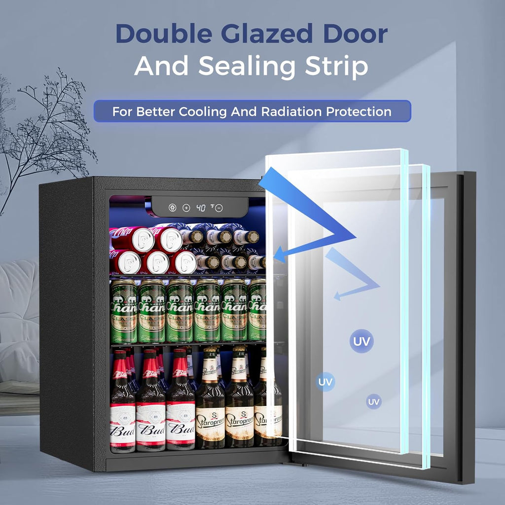 1.7 Cu.Ft Beverage Refrigerator Cooler - 68 Can Mini Fridge Glass Door for Drink Soda Beer Wine - Small Refrigerator for Bedroom Office Home Dorm Bar, Black