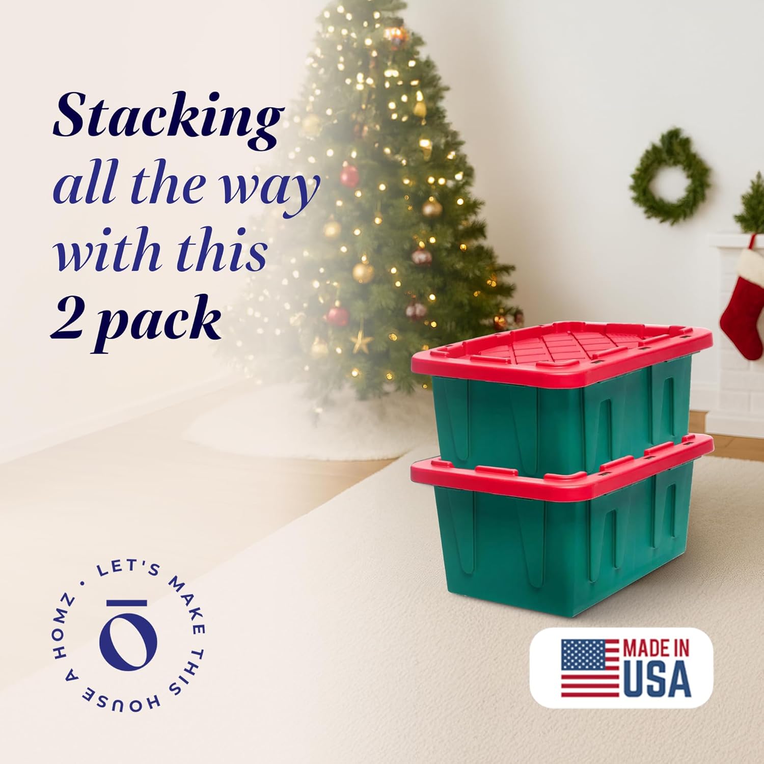 HOMZ 2-Pack Durabilt, Heavy Duty Plastic Storage Bins with Lids, 15 Gallon, Green/Red - Stackable Container Boxes for Holiday, Attic, and Garage Organization
