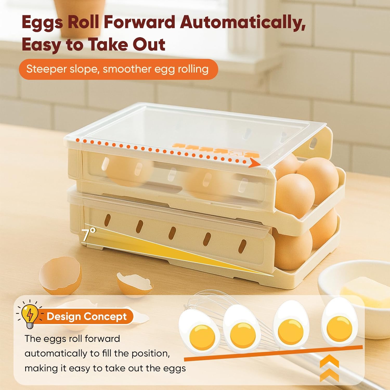 Automatic Rolling Egg Holder for Refrigerator, 2-Pack Stackable Egg Storage Containers, Smooth Glide Track, Steady Base & Dishwasher Safe