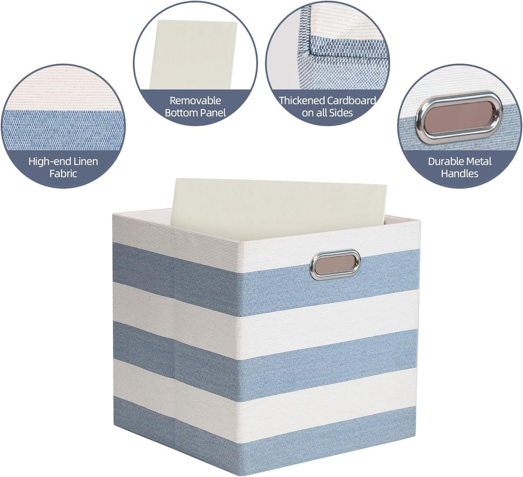 Foldable Cube Storage Bin Organizing Baskets Cubby Boxes Fabric Storage Cubes Organizer Bins with Handles for Organization Shelf Closet, 13"x13"x13", Pack of 4, Blue/White Stripe