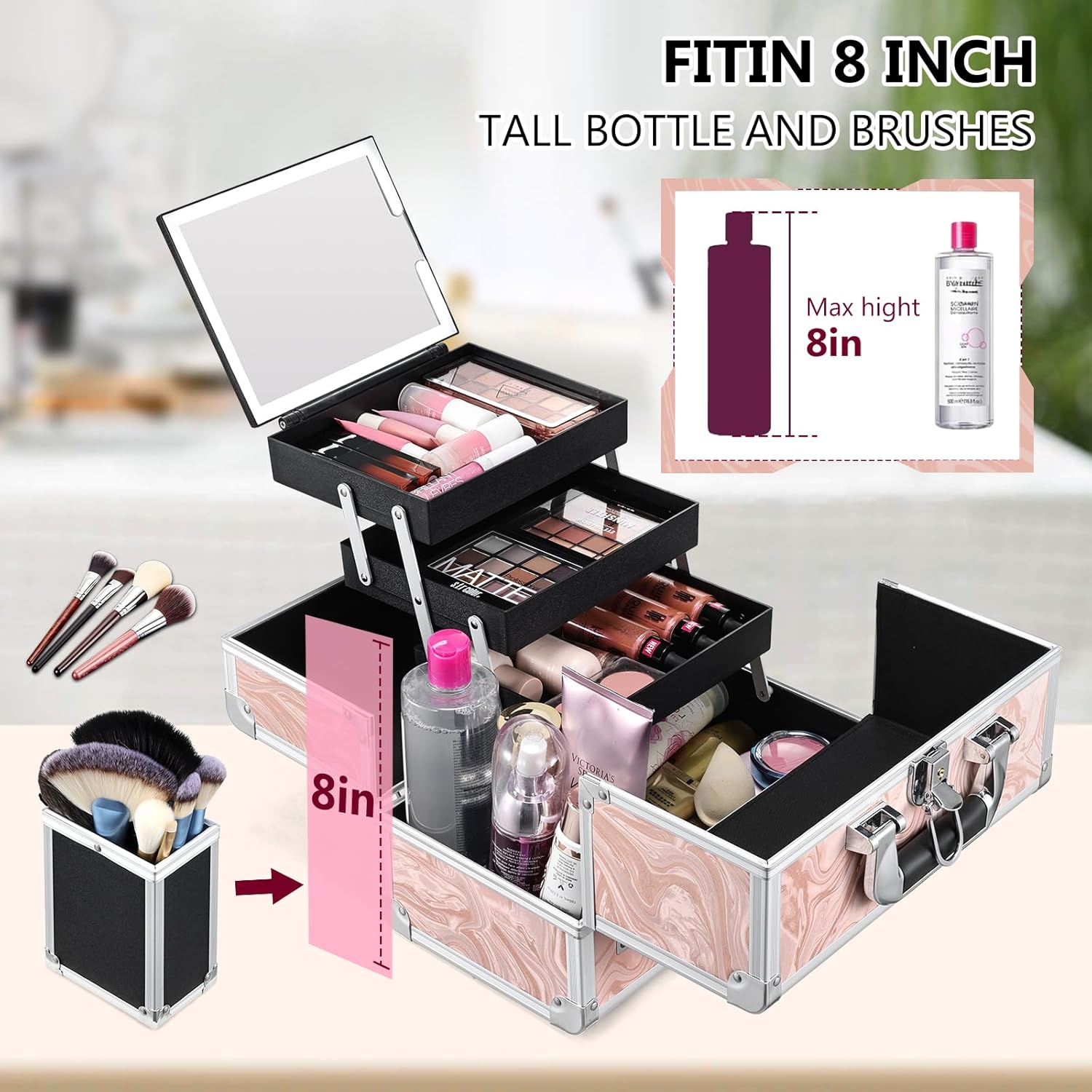 Travel Makeup Case with LED Lighted Mirror - 11.6" Portable Makeup Organizer Box, Cosmetic Train Case with Detachable Brush Holder - Fluid Pink