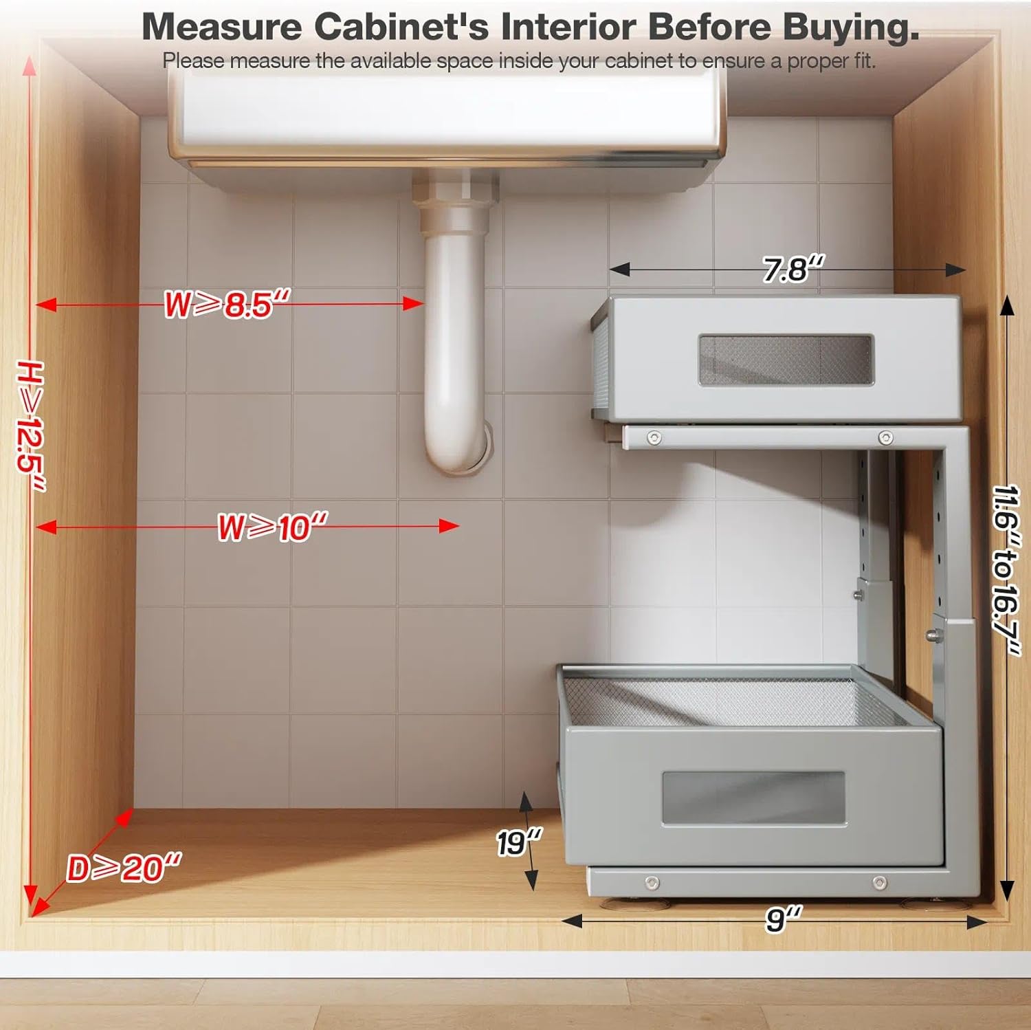 1 Pack 19IN Depth Under Sink Organizer, 2-Tier Pull Out Cabinet Organizer With Smooth Circular Rail, Large Capacity Metal Mesh Sliding Drawers For Bathroom& Kitchen Storage,Height Adjustable-Gun Gray