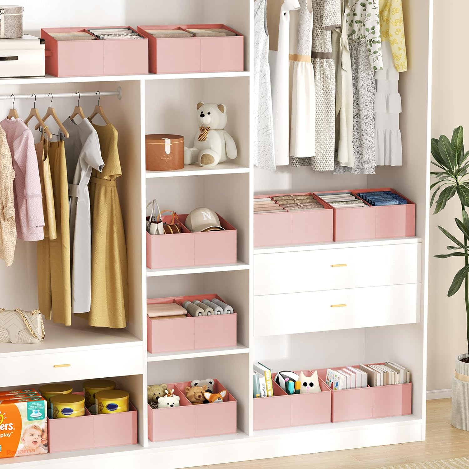 DIMJ Large Closet Shelf Organizer Bins 8 Packs with Handles and Divider, Fabric Trapezoid Storage Baskets, Foldable Clothes Containers Box for Shelf, Towel, Book, Toy, Purse, Hats, Pink