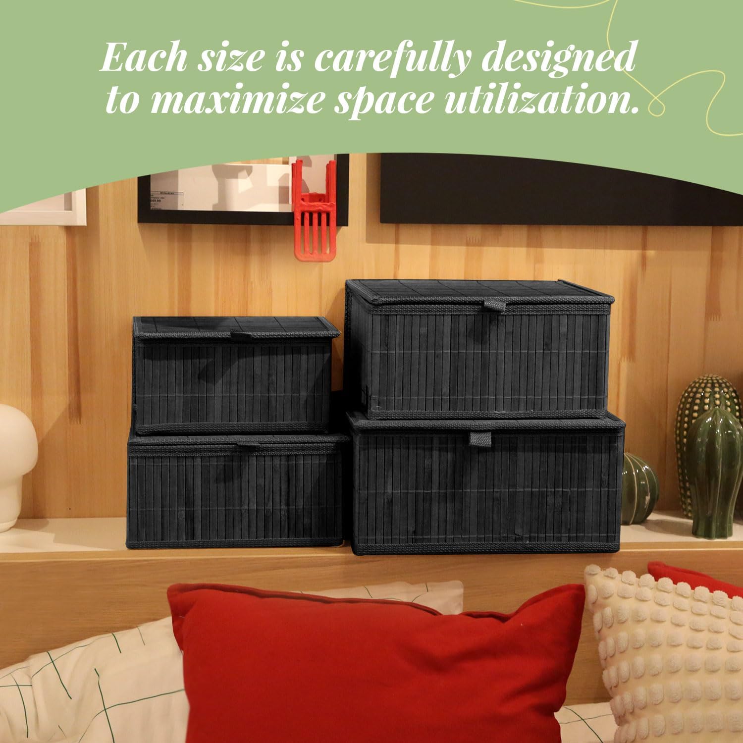 Wicker Basket With Lid Bamboo Storage Box for Shelf Bamboo Decor Storage Boxes With Lids-Rectangle Decorative Basket With Lid Organizer for Bedroom,Living Room (Set of 4,black)