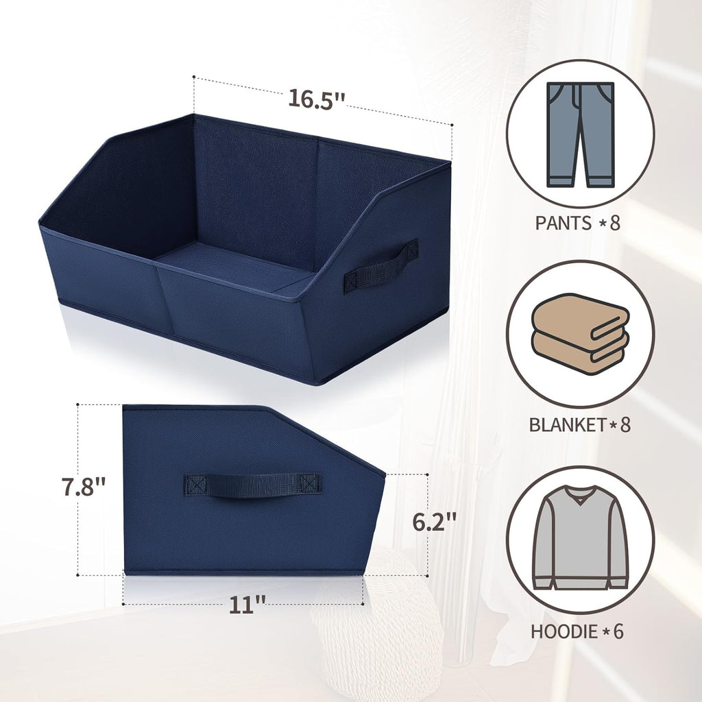 Clothes Organizers and Storage - Fabric Storage Bins with Handles, Storage Baskets for Organizing, Trapezoid Storage Cubes for Blankets, Towels, Office, 6 Pack, Navy Blue
