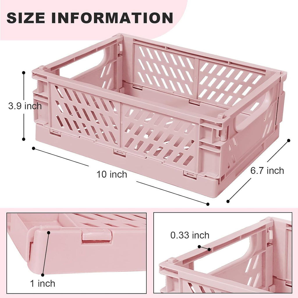Small Pastel Plastic Storage Bins 2Pcs Foldable Pastel Crates Plastic Basket Colorful Storage Containers Baskets for Classroom Kitchen Office Bedroom Desktop Home Decor (Pink 9.8" x 6.5" x 3.8")