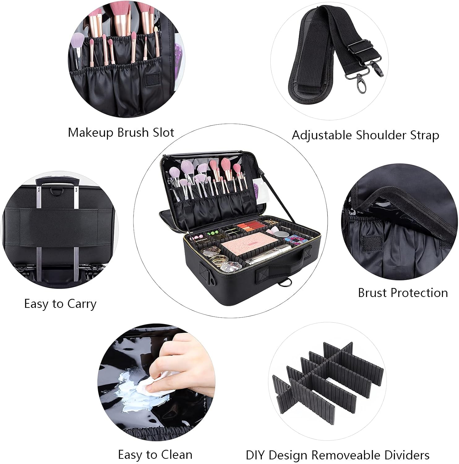 JOURMON Travel Makeup Train Case,Large Capacity Cosmetic Bags for Women,Portable Makeup Bag Organizer with Adjustable Dividers & Shoulder Strap(Black, L)