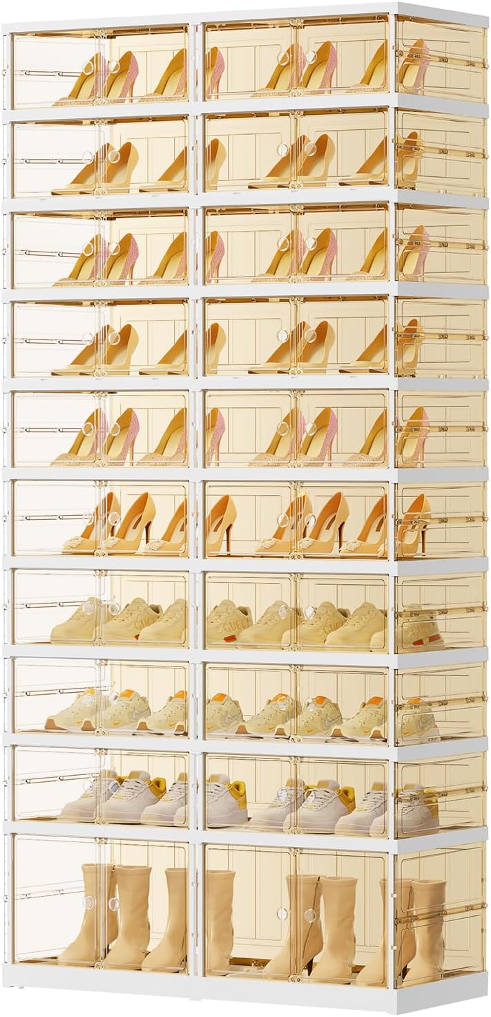 10 Tiers 20-40 Pairs Foldable Shoe Boxes Large Plastic Shoe Storage Rack Collapsible Shoe Organizer For Closet Tall Shoe Shelf Clear Stackable Shoes Cabinet with Doors Entryway