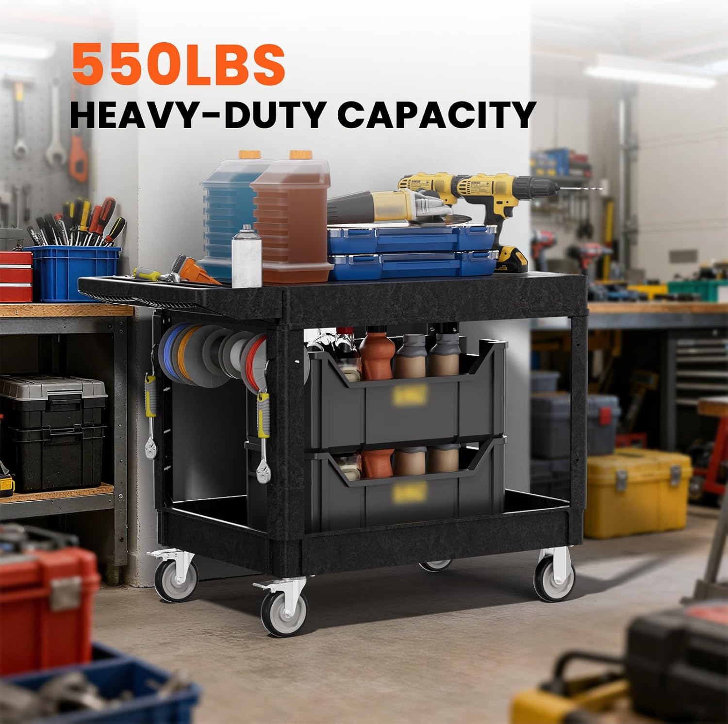 2 Tier Plastic Rolling Utility Cart on Wheels, Heavy Duty Tool Cart with Deep Shelves and 360° Swivel Wheels Holds up to 550 lbs, Service Cart for Garage, Warehouse, Cleaning (Black-L-Flat Top)