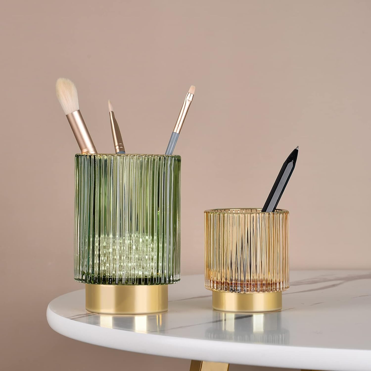 CANITORON Makeup Brush Holder,Glass Makeup Brush Holder Organizer Store Cosmetic Tools,Eyeliner,Storage Organizer for Vanity,Bathroom Countertop Organize and Bedroom Countertop Storage.(Amber L)