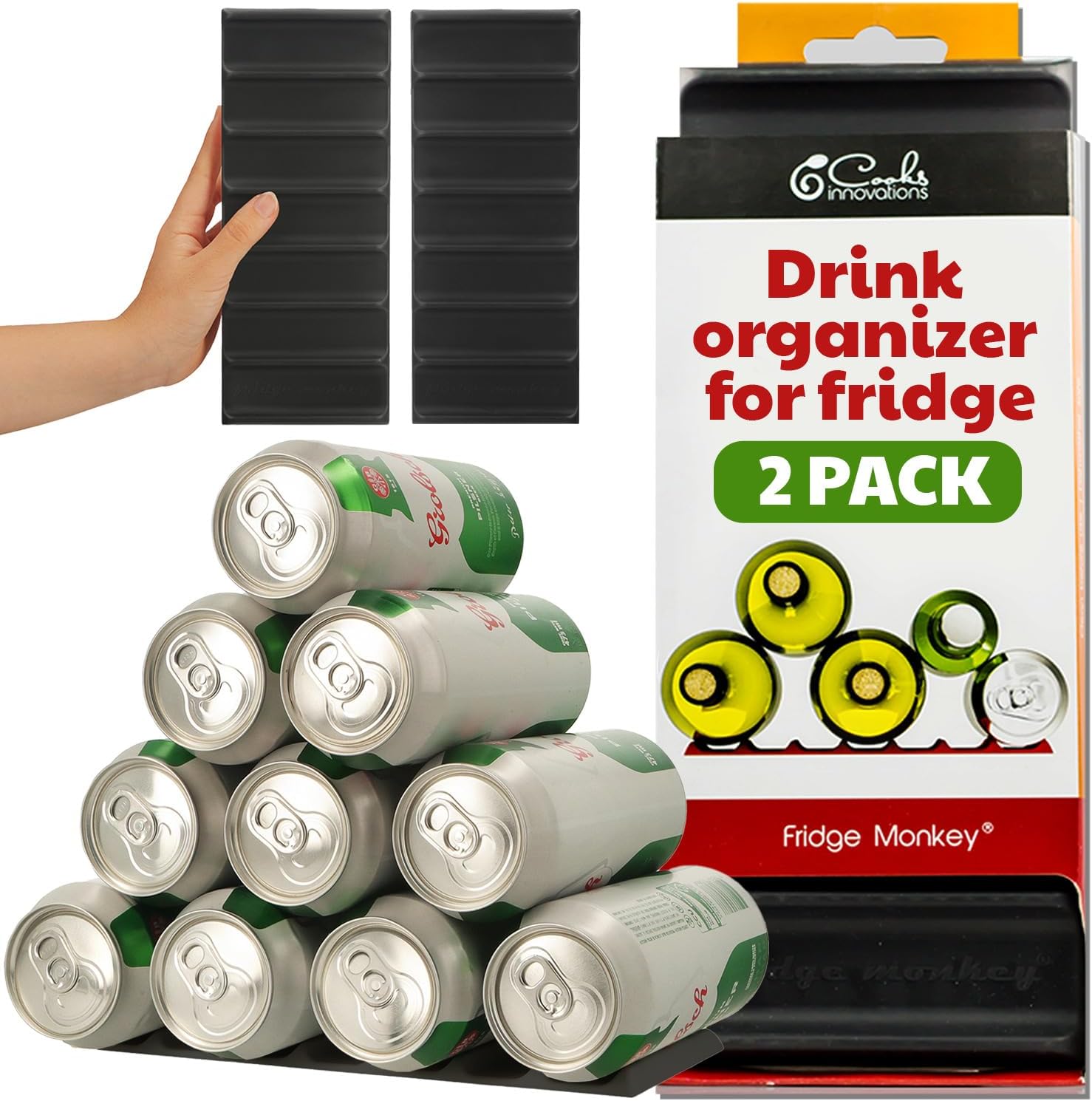 Cooks Innovations 2-Pack Drink Organizer for Fridge, Soda Can Refrigerator Organizers and Storage, Beer-Wine-Water Bottle Holder, Fridge Monkey - Durable Non-Slip&Roll