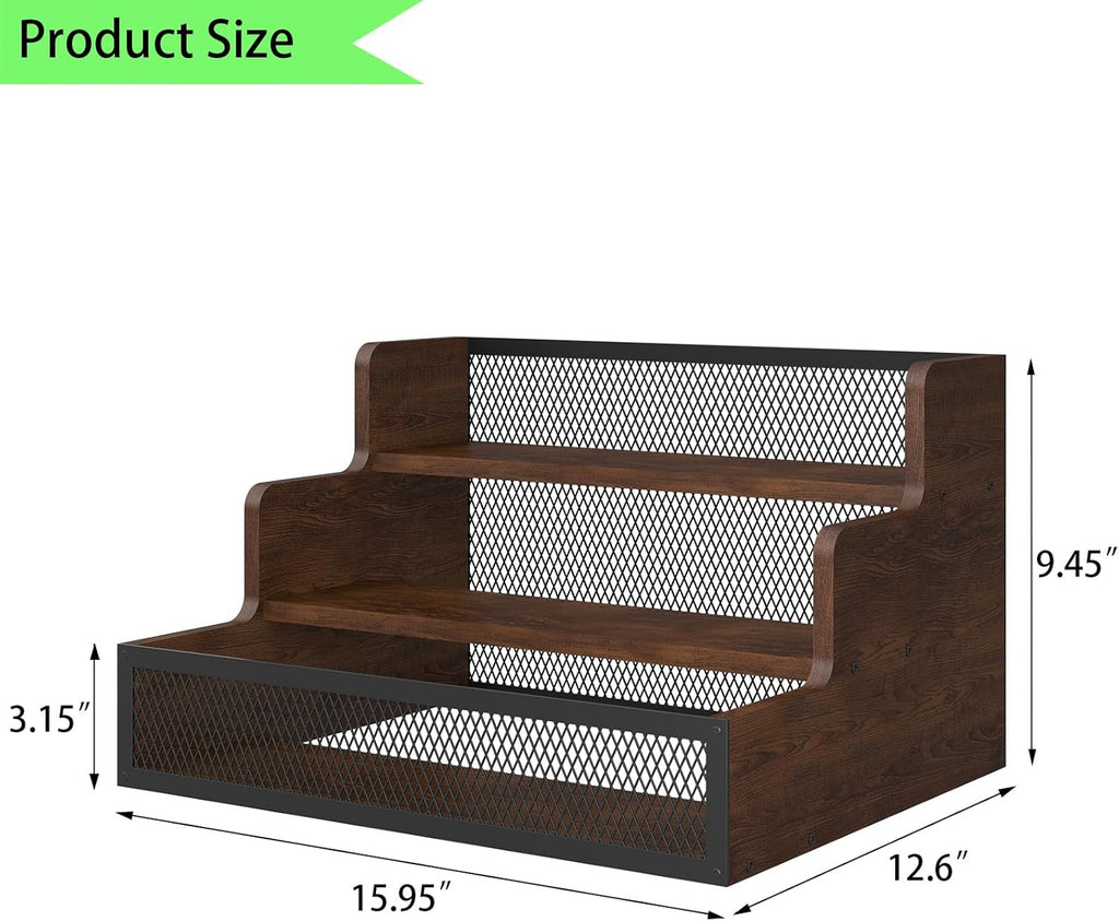 3-Tier Liquor Bottle Display Shelf, Rustic Wooden Bottle Holder Stand for Liquor Whiskey Wine Coffee Bottle Display with Fences, Storage Countertop Shelf for Café, Bar, Office Station