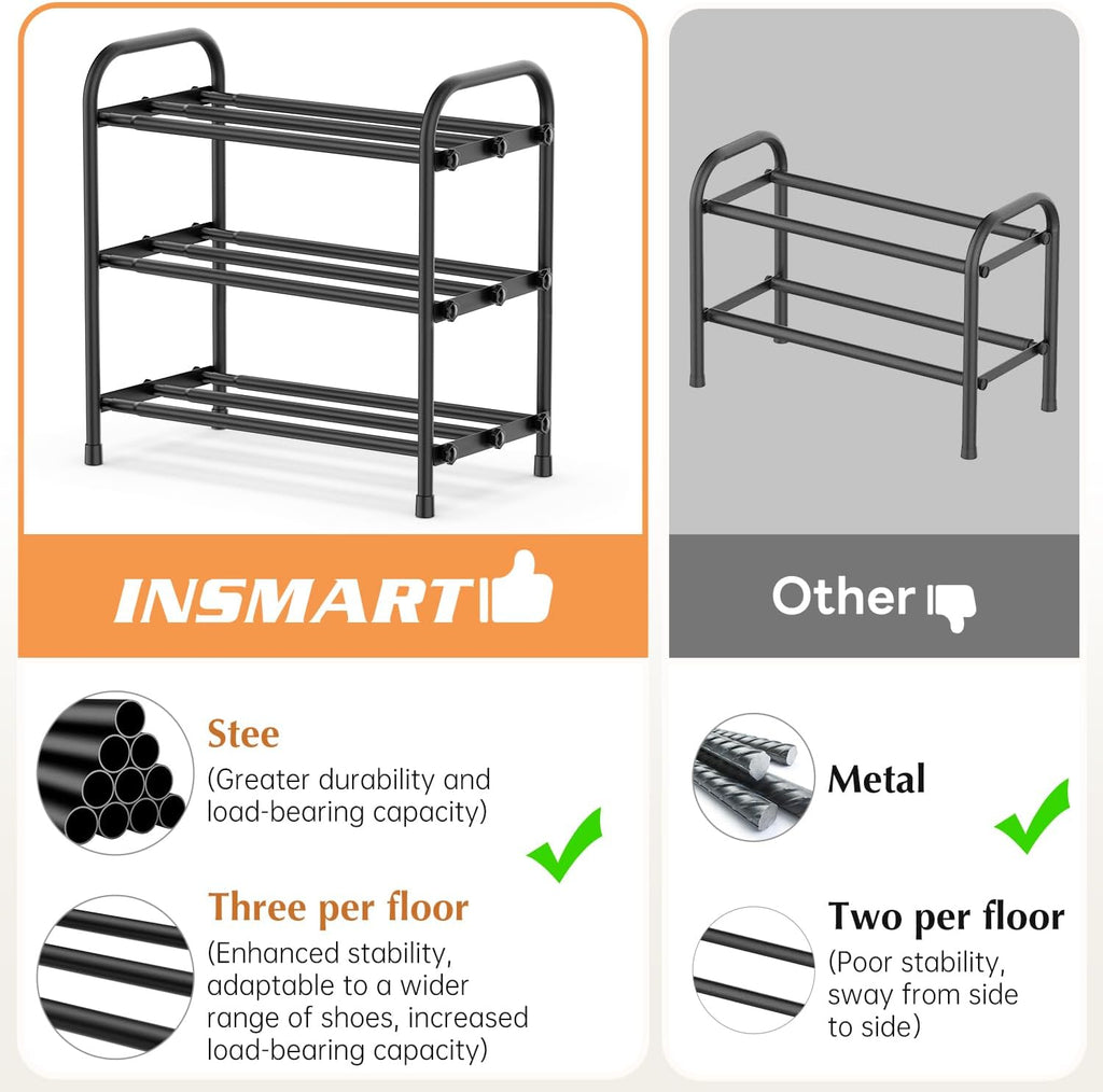 INSMART 3-Tier Expandable Shoe Rack, Stackable and Adjustable Shoes Organizer Storage Shelf, Sturdy and Durable Metal Structure Free Standing Shoe Rack for Closet Entryway Doorway
