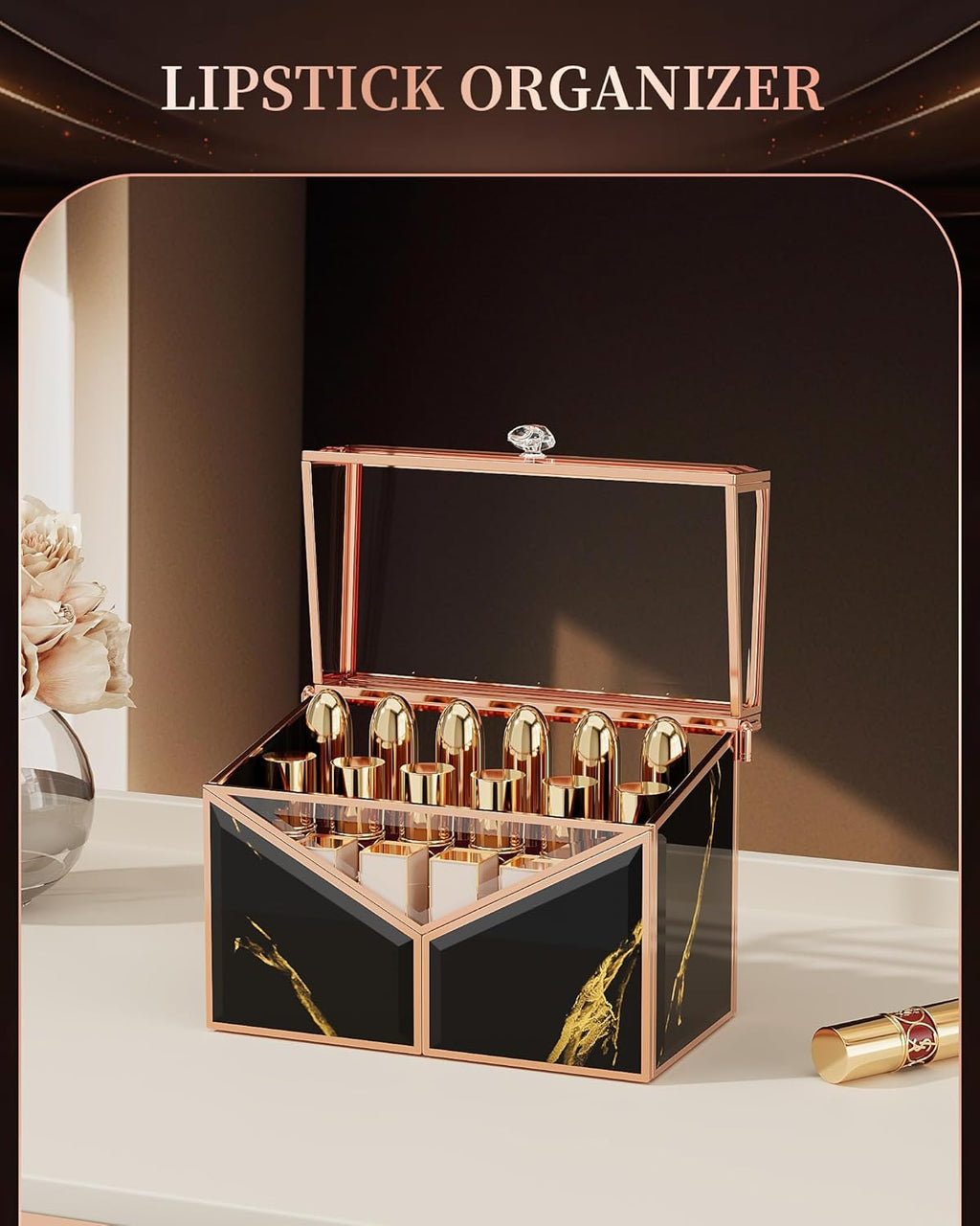 Lipstick Organizer - Black Glass Lipstick Holder & Nail Polish Organizer, 18-Slot Vanity Cosmetic Organizer with Removable Dividers,