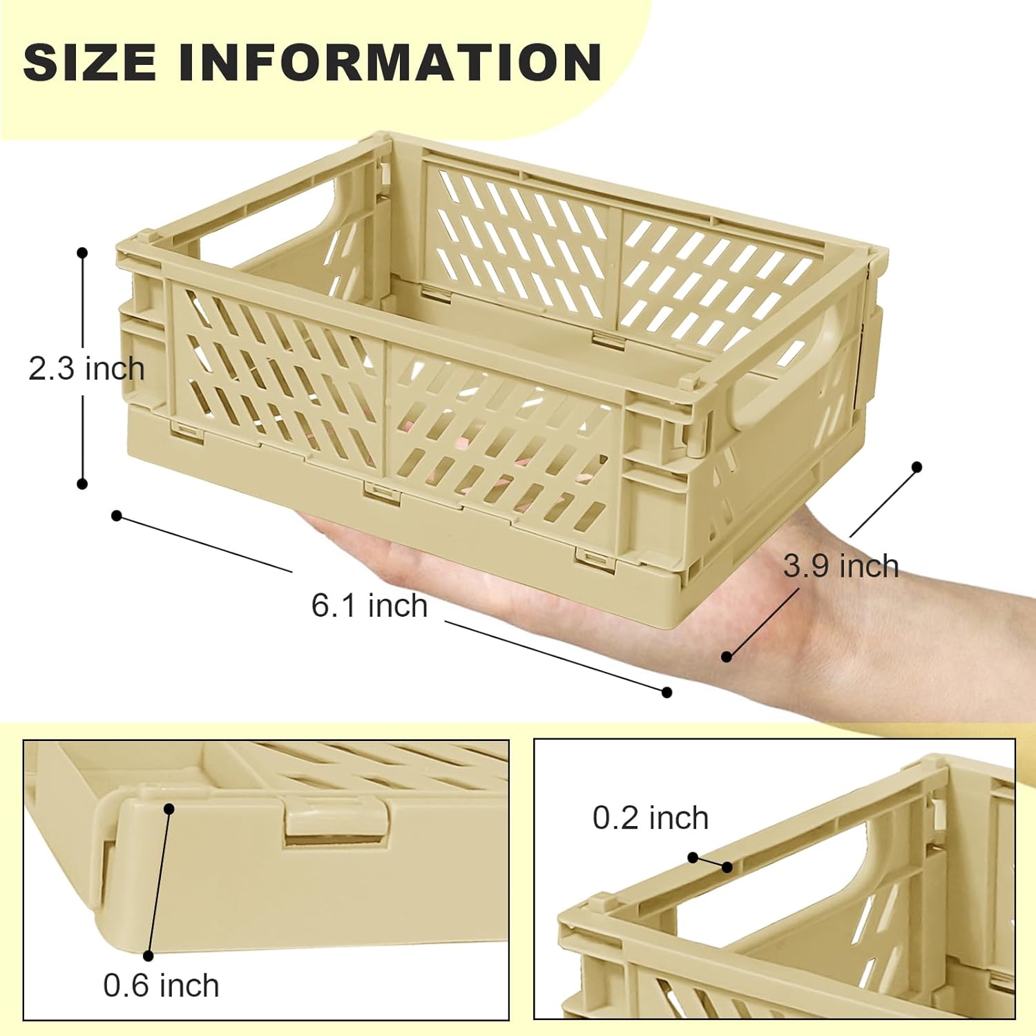 Small Pastel Plastic Storage Bins 2Pcs Foldable Pastel Crates Plastic Basket Colorful Storage Containers Baskets for Classroom Kitchen Office Bedroom Desktop Home Decor (Yellow 5.8" x 3.8" x 2.2")