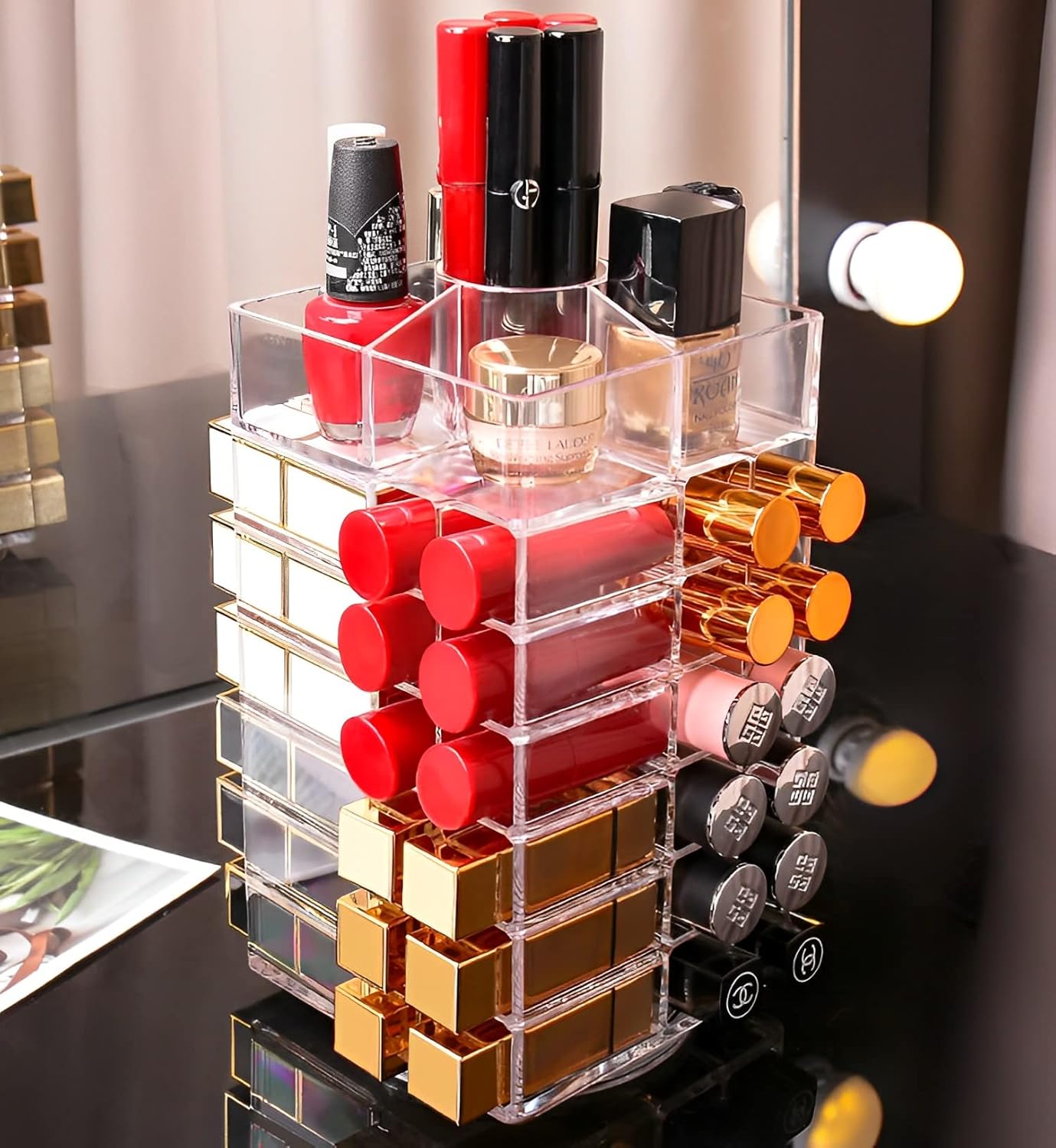 Sooyee 360 Degree Spinning Lipstick Organizer Holder 53 Spaces,Acrylic Cosmetic Display Cases for Lipstick, Brushes, Bottles, and more,Clear